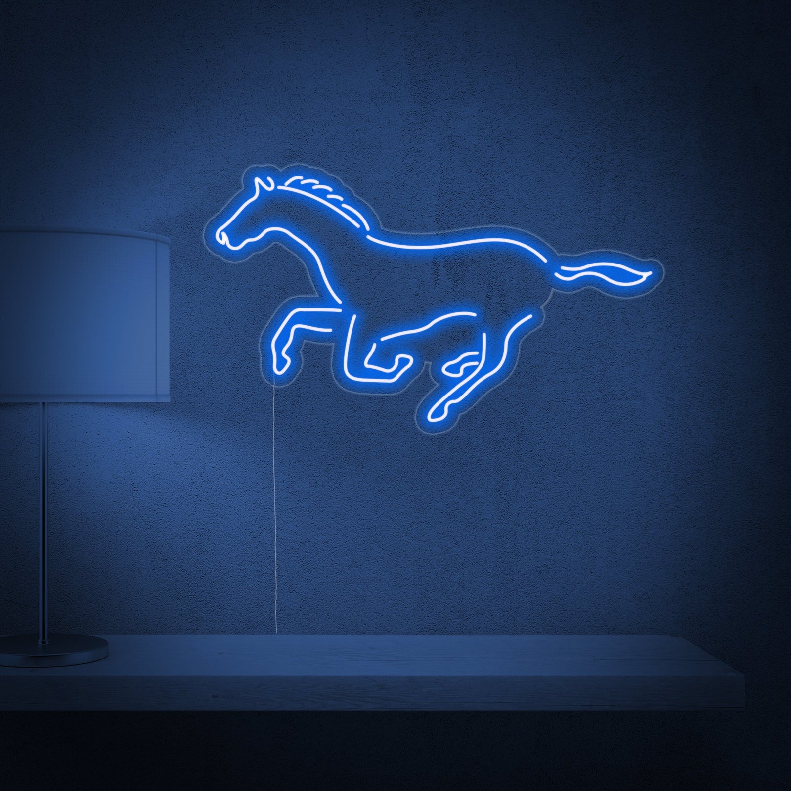 Close-up detailed view of the glowing horse design neon sign showing tubing on mounting backboard