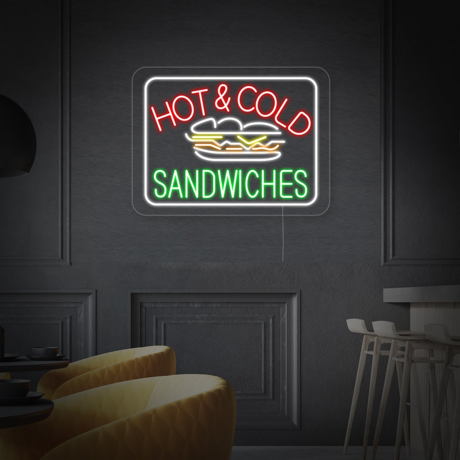 Close-up of the unlit 'Hot Cold Sandwiches' neon sign showing the white tubing and backing structure against a white background.