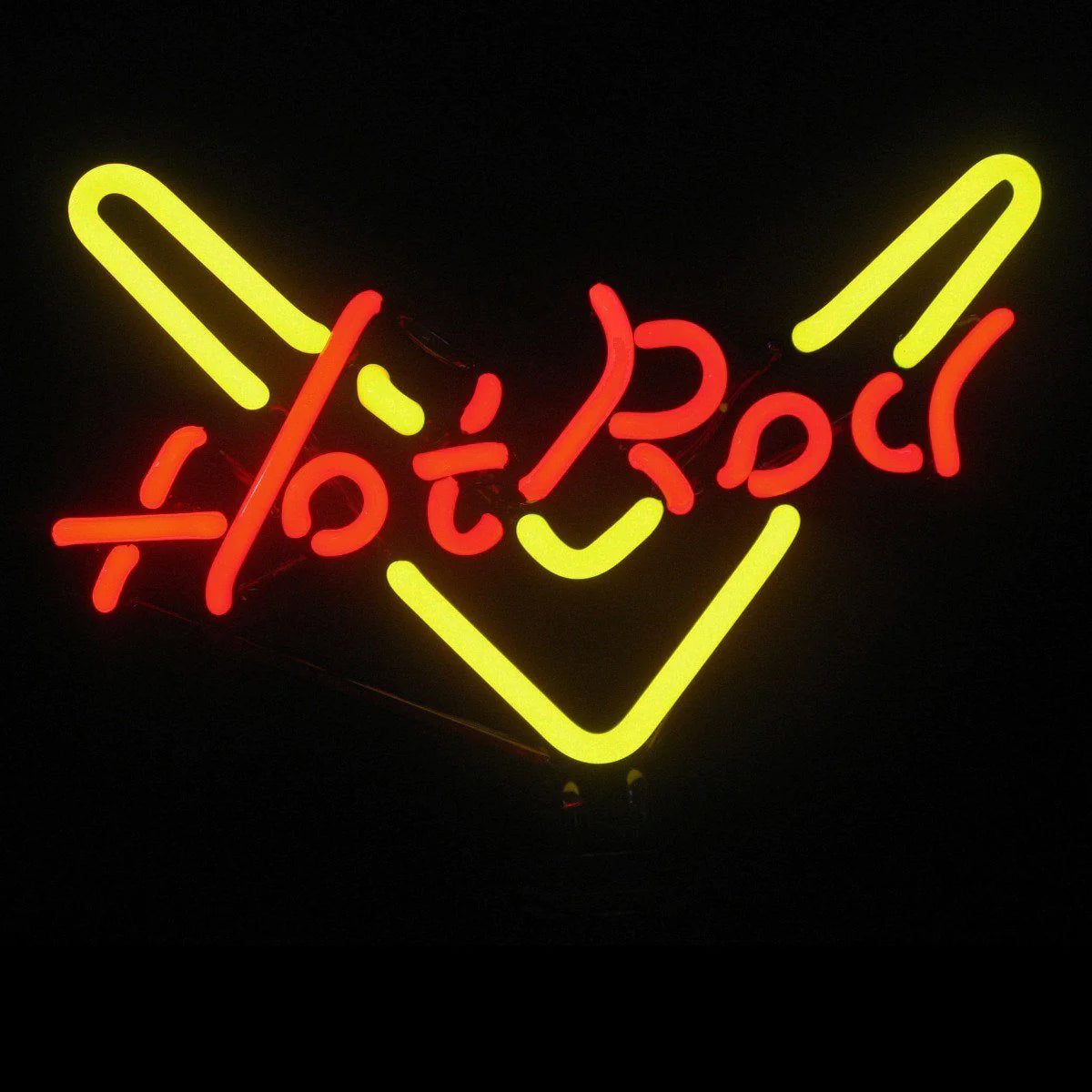 Hot Rod Table Neon Sign with glowing red glass tubing, depicting a classic custom car design on a dark background.