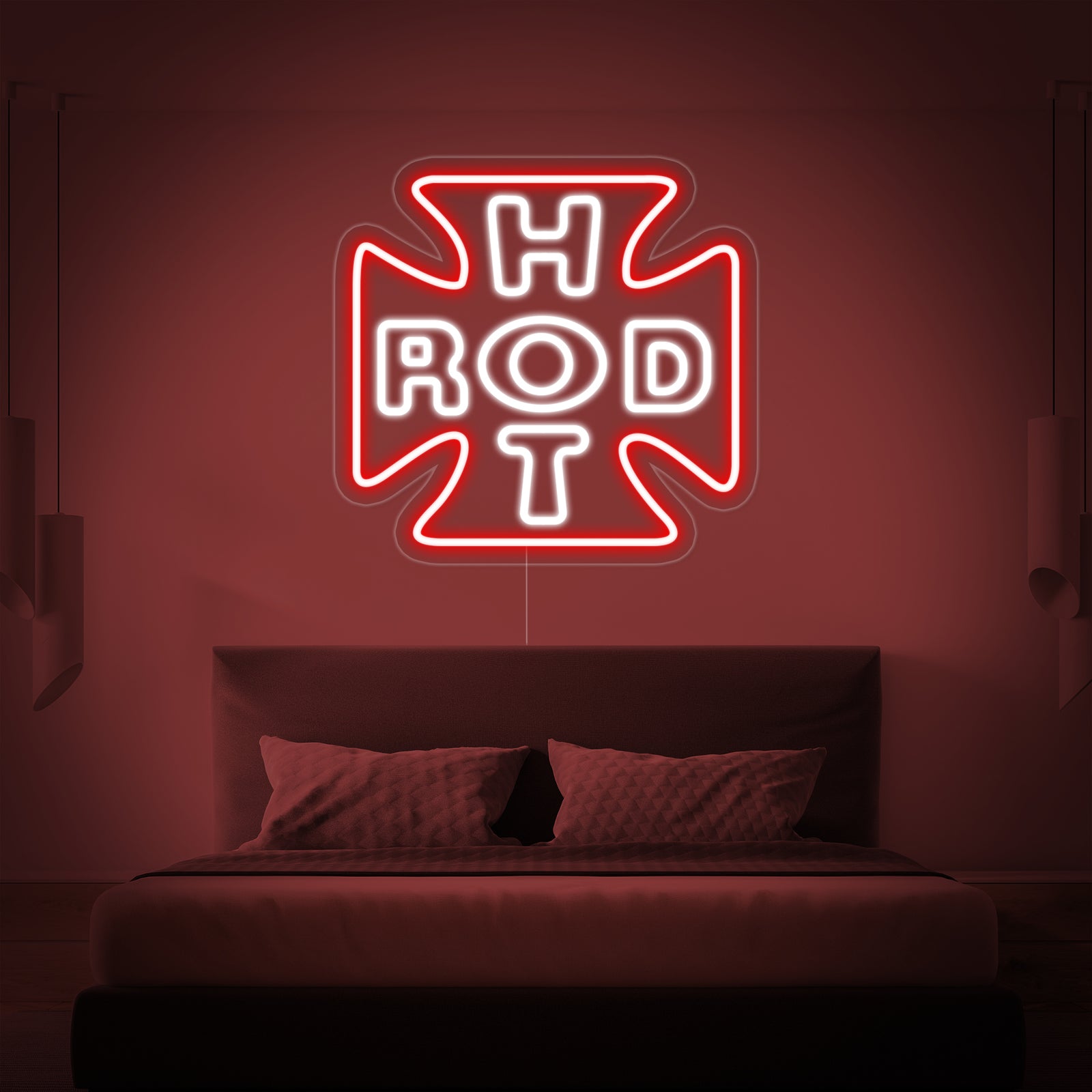 A glowing blue 'HOT ROD' neon sign displayed in a stylized, modern garage or man cave setting.