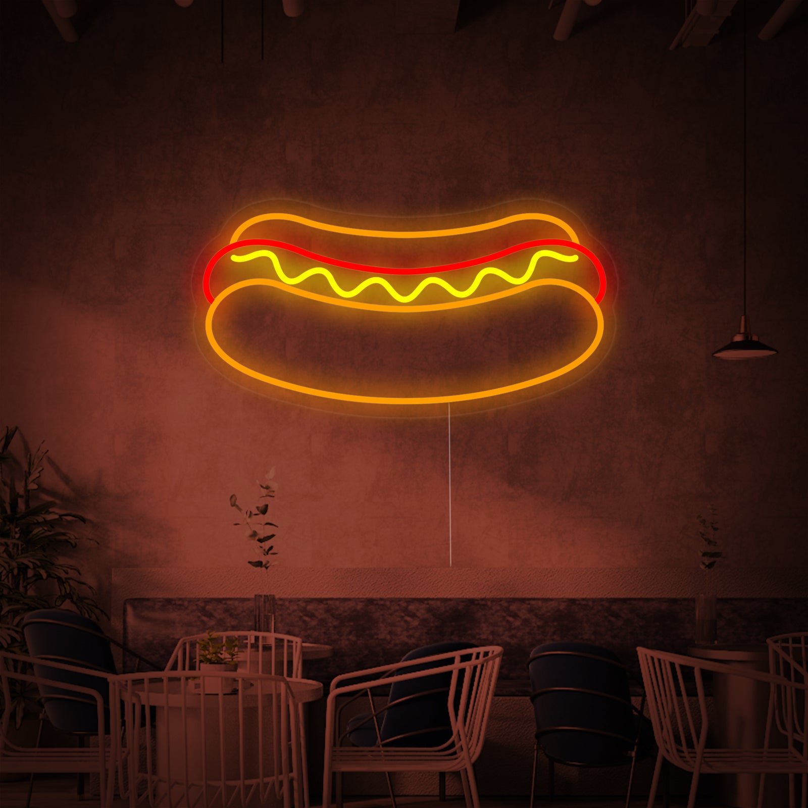 A hotdog restaurant neon sign illuminating a cozy diner counter area, viewed from a slightly high angle.