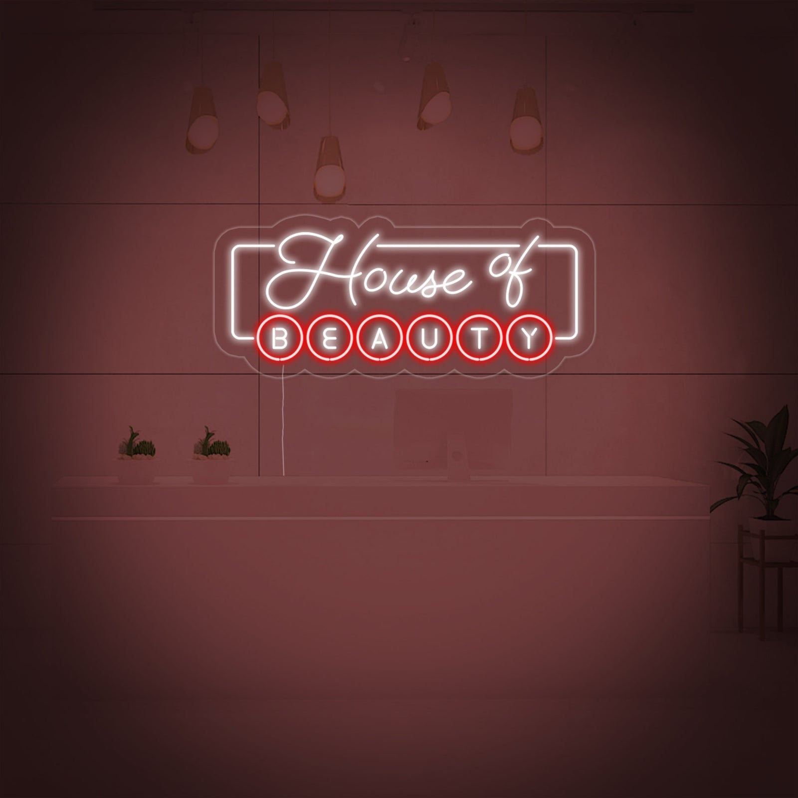 A glowing 'House of Beauty' neon sign is displayed behind a reception desk in a modern beauty salon setting.