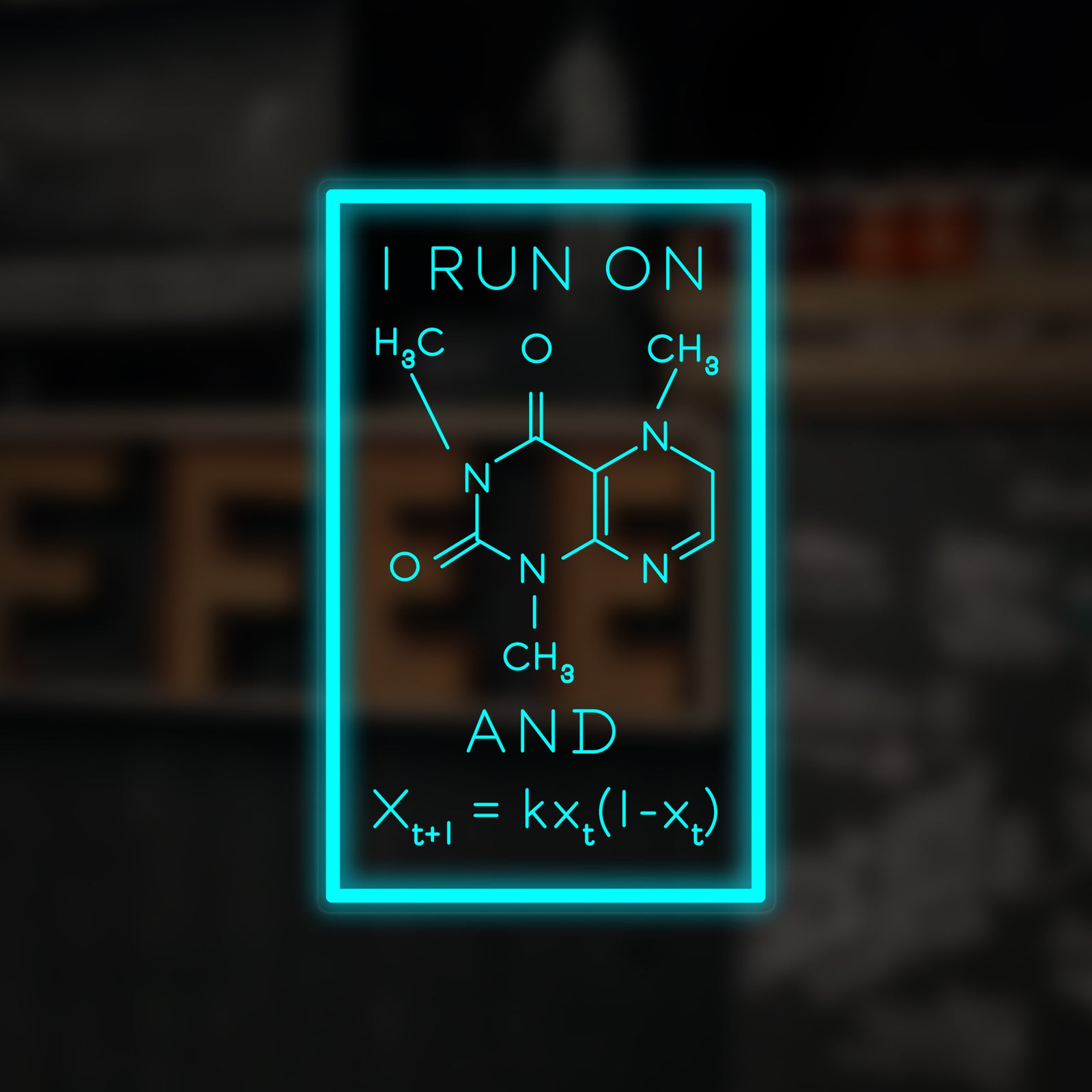 Graphic representation of 'I Run On Caffeine Formula' mini neon sign with a coffee cup icon against a dark background.