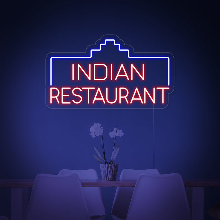Detailed product shot of the INDIAN RESTAURANT neon sign showing the precise glowing blue and orange tubes, clear mounting backing, and high-quality construction.