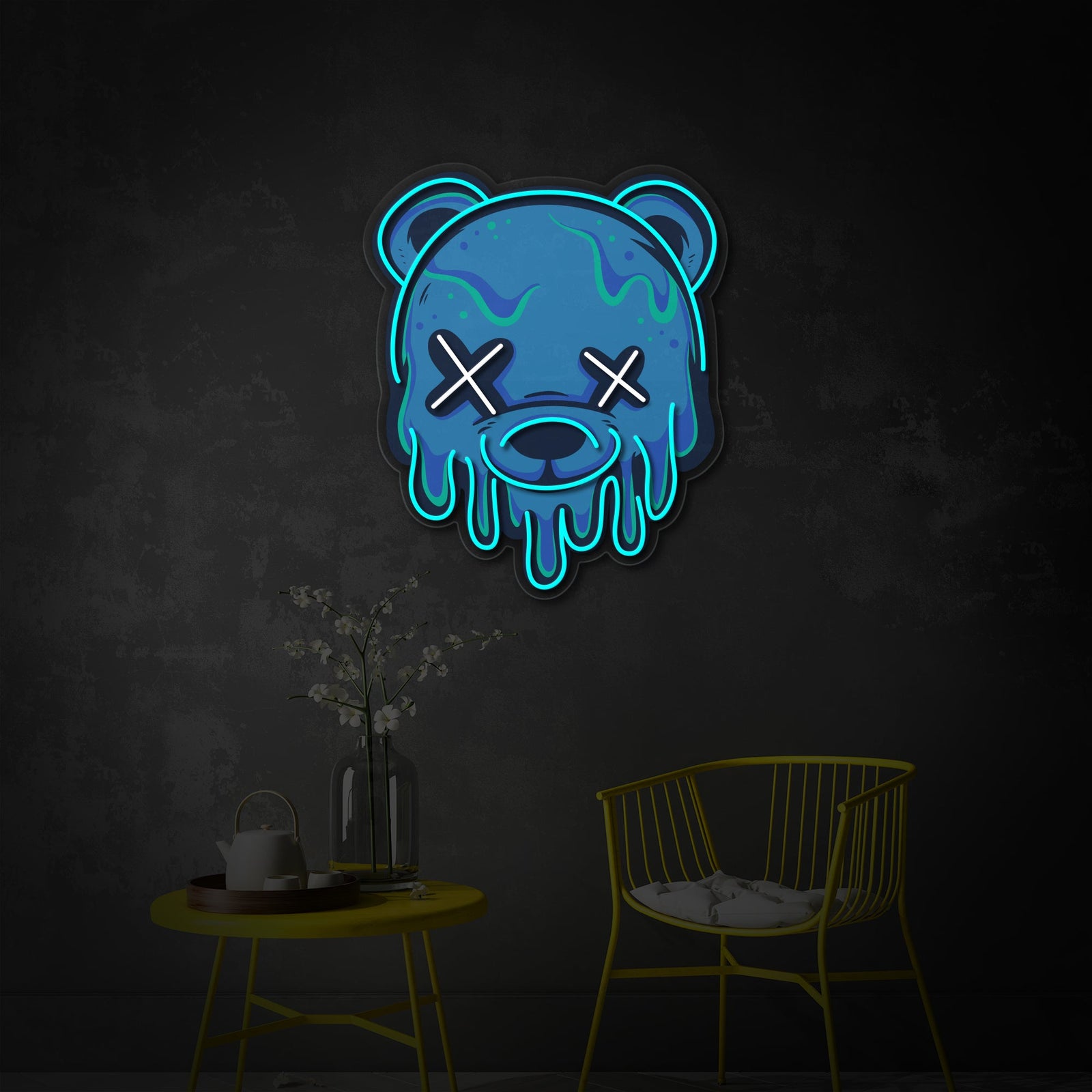 The Ice Head Bear UV Print neon sign mounted and glowing on a dark, textured brick wall in a contemporary living room setting, highlighting its vibrant glow and modern design aesthetic.