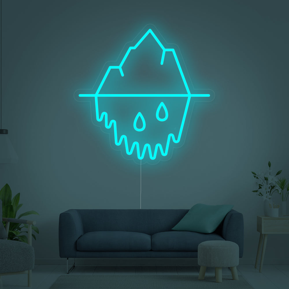 A focused image of the 'Iceberg Melting' neon sign design, clearly showing the blue and white neon tubing against a transparent acrylic background.