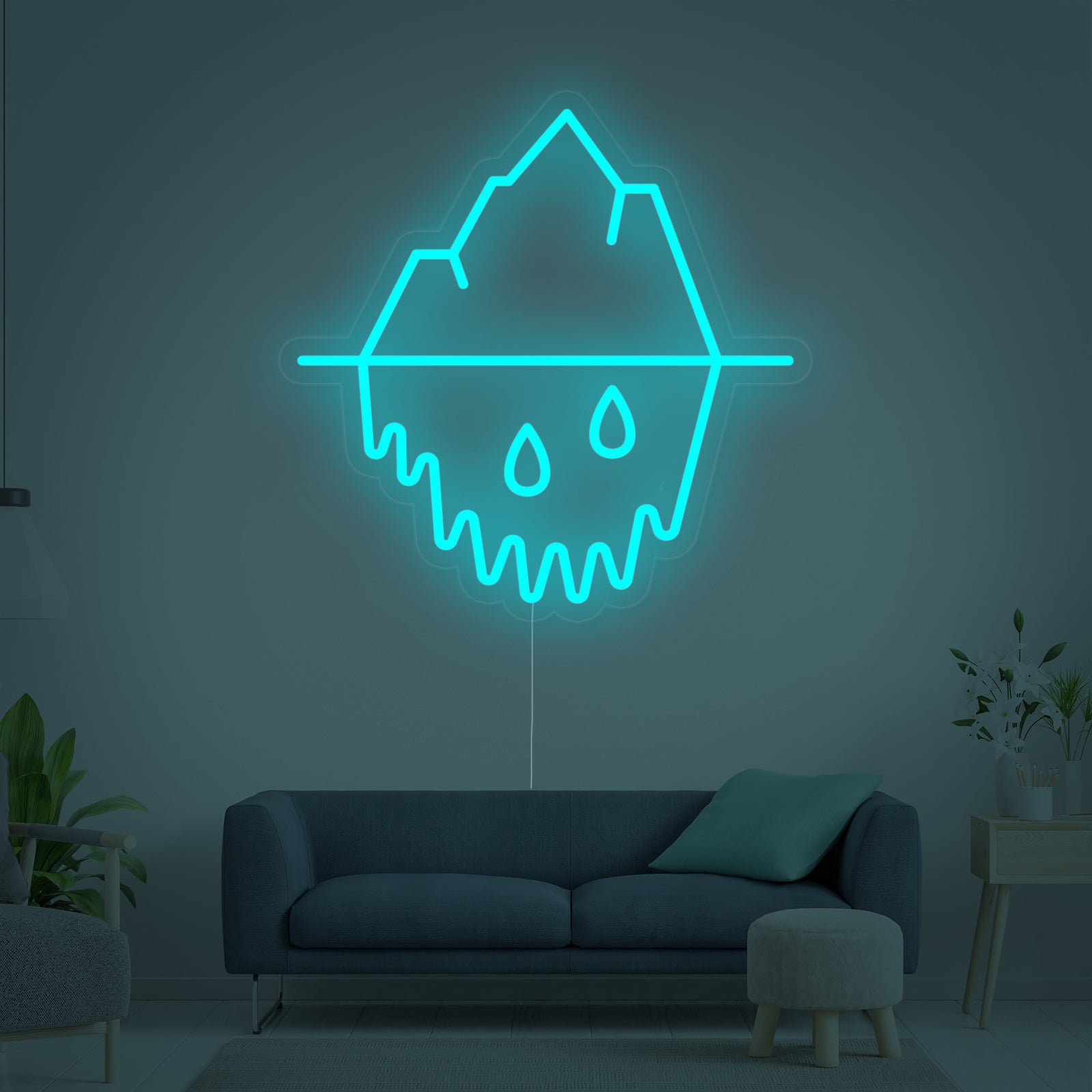 A focused image of the 'Iceberg Melting' neon sign design, clearly showing the blue and white neon tubing against a transparent acrylic background.
