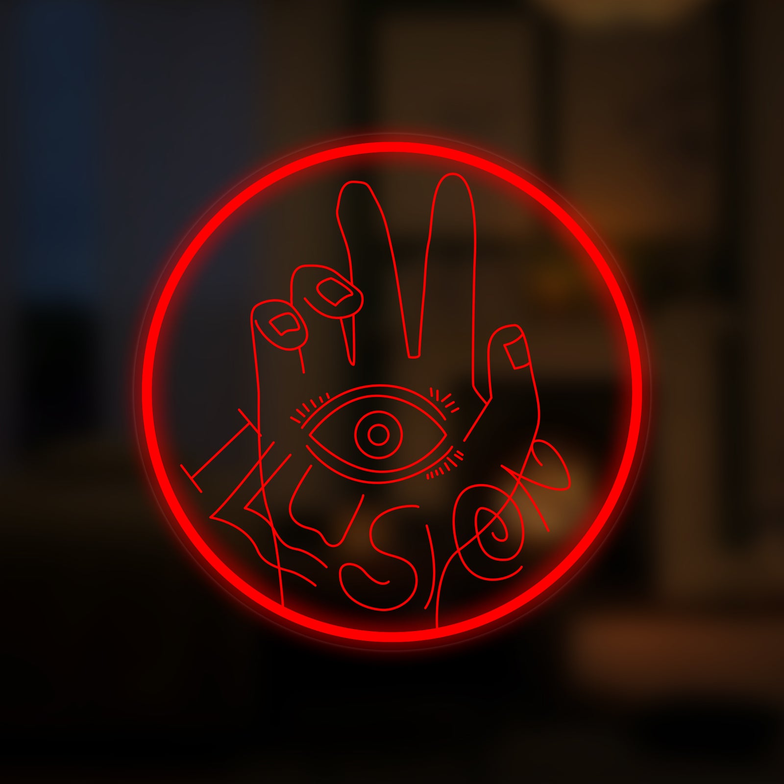 A glowing blue neon sign depicting a hand making an 'OK' sign over an open eye, mounted on a blurred interior background.