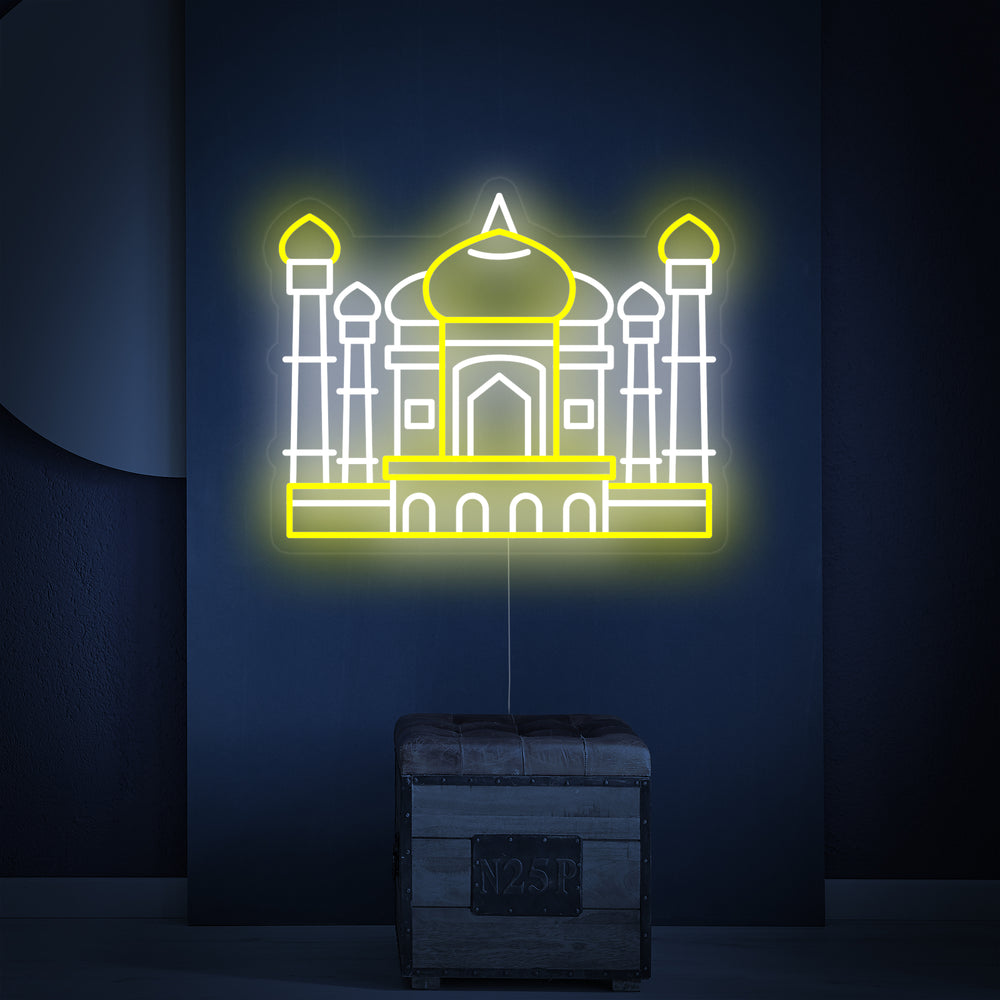 A detailed product shot of the 'India Taj Mahal' neon sign against a simple background, showing the shape and craftsmanship.