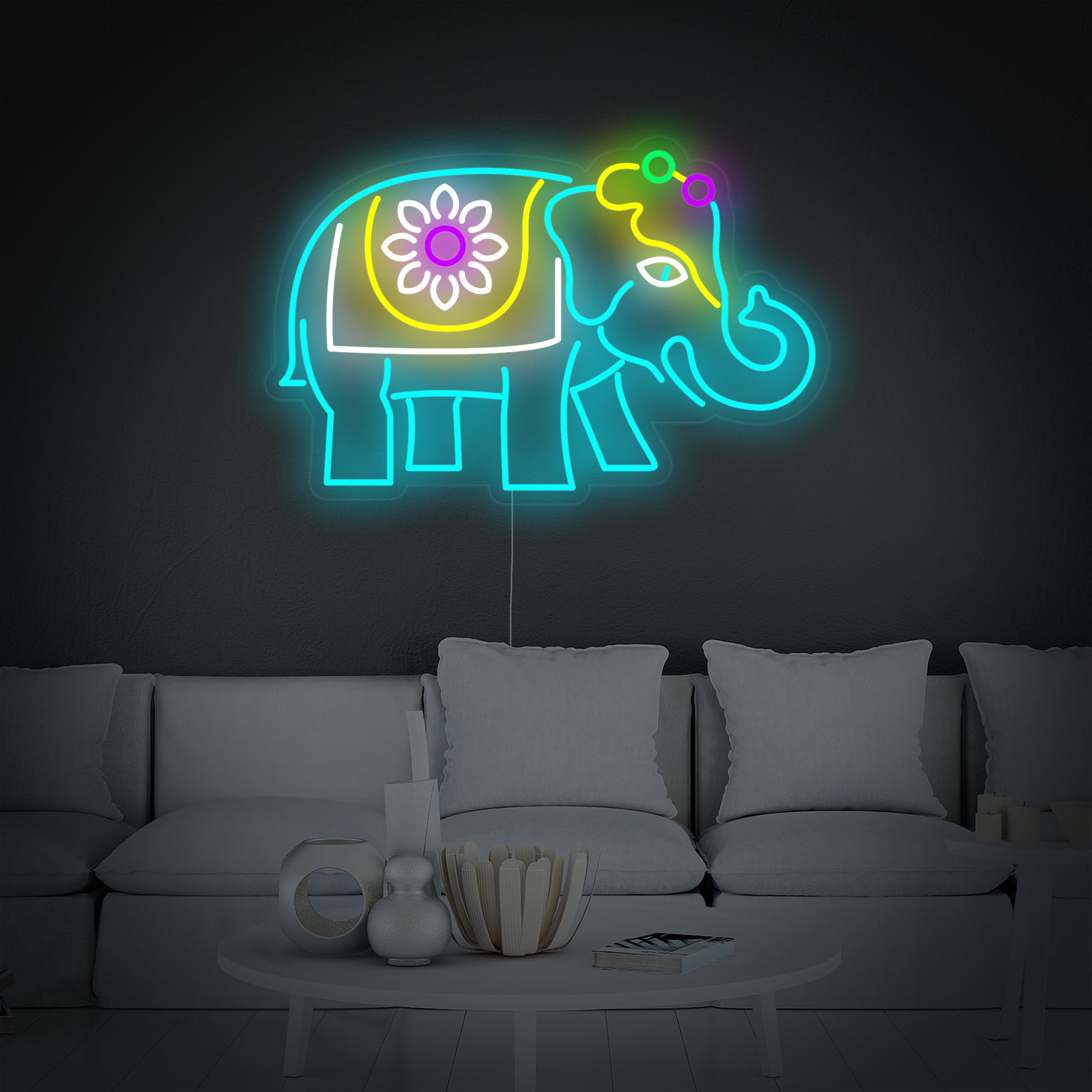 Close-up of the Indian Elephant neon sign design detail