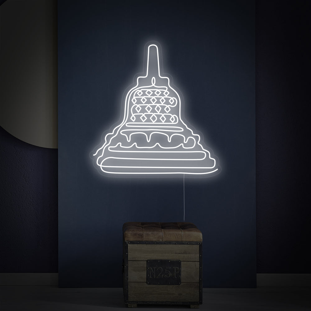 Detailed rendering of a neon sign capturing the architectural form of Indonesia's Borobudur Temple, showing realistic neon tubing structure.