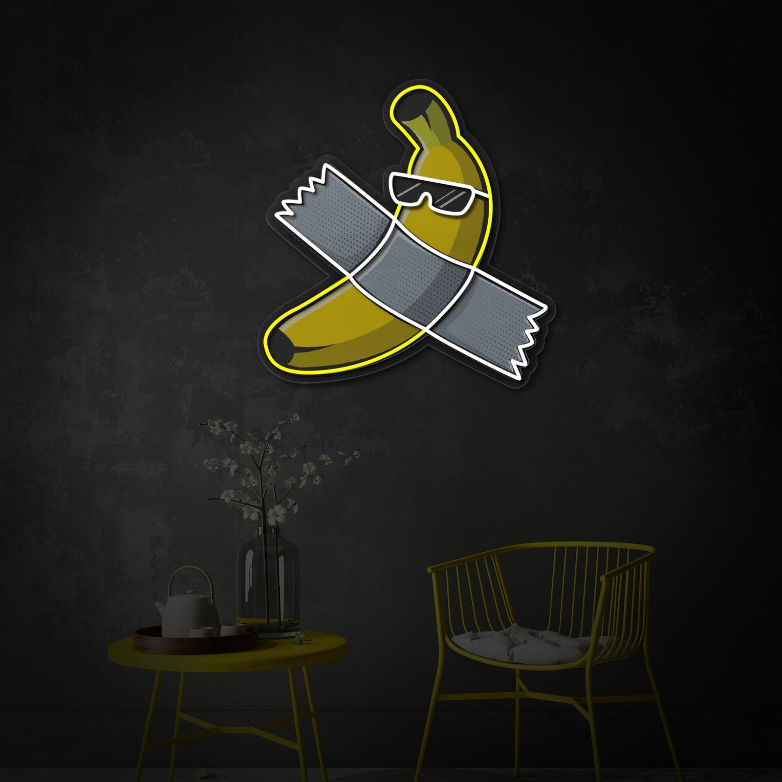 Close-up of the 'Is This Art, Banana With Tape' neon sign design