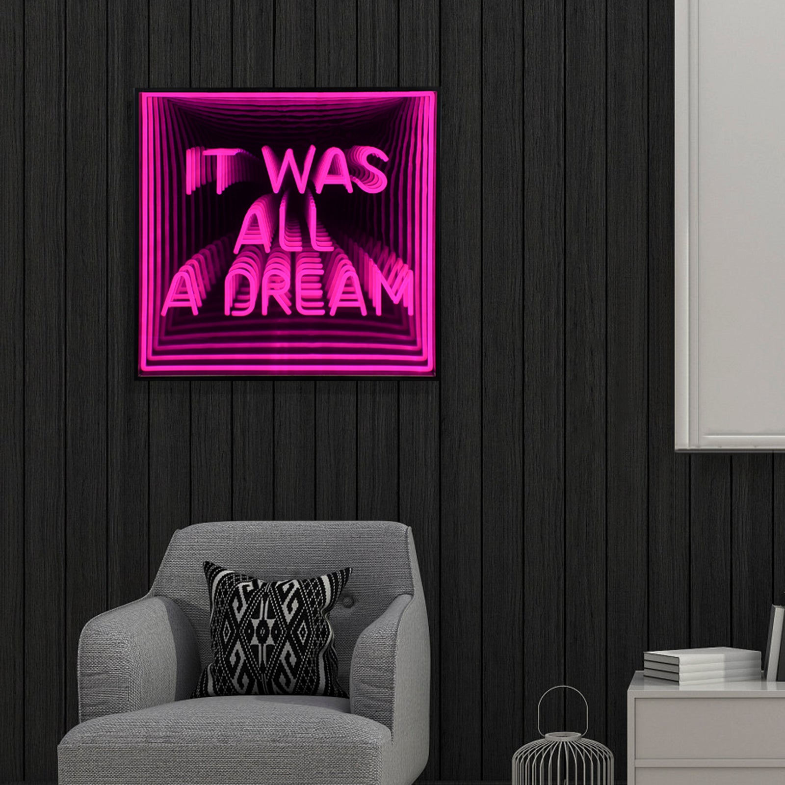The It Was All A Dream neon infinity mirror sign shown glowing brightly on a wall in a furnished room setting.