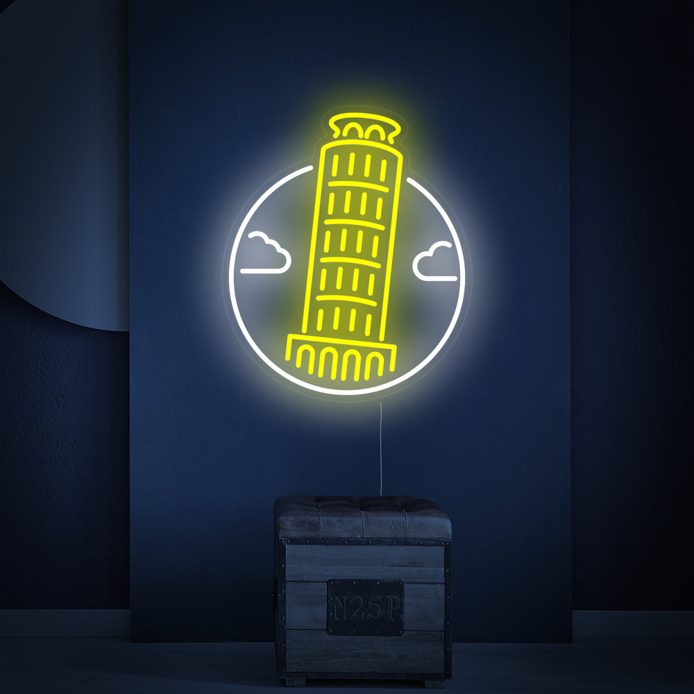 Detailed graphical illustration of the Leaning Tower of Pisa neon sign with visible wiring.
