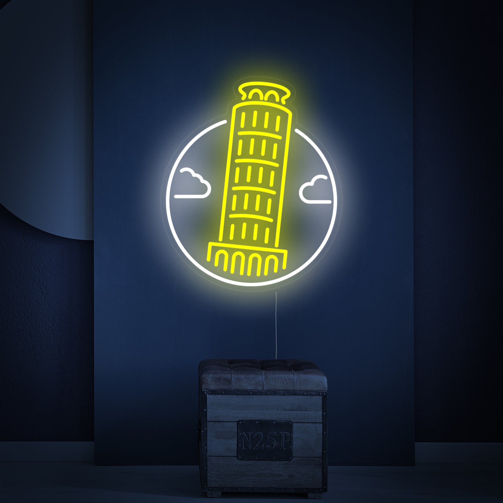 Detailed graphical illustration of the Leaning Tower of Pisa neon sign with visible wiring.