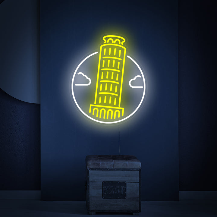 Detailed graphical illustration of the Leaning Tower of Pisa neon sign with visible wiring.