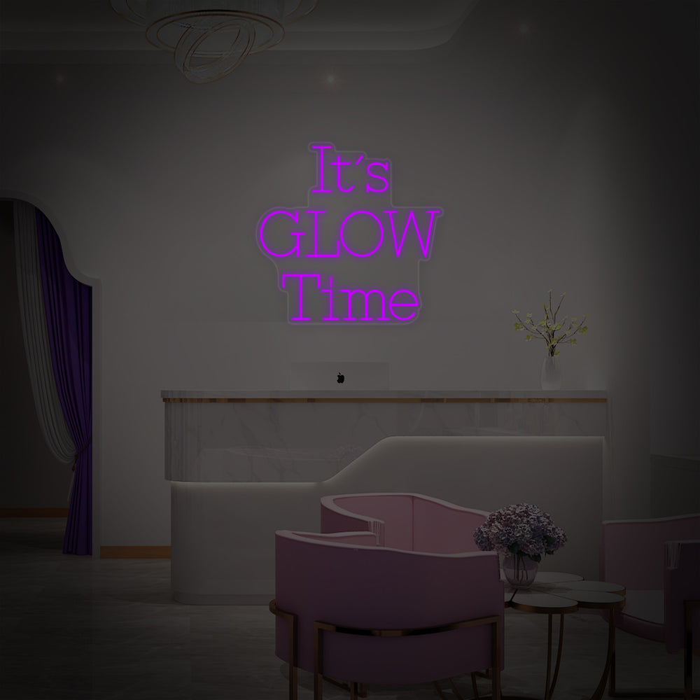 A clean graphic mockup of the 'Its Glow Time' neon sign with its clear backing outline, displayed against a polished background.