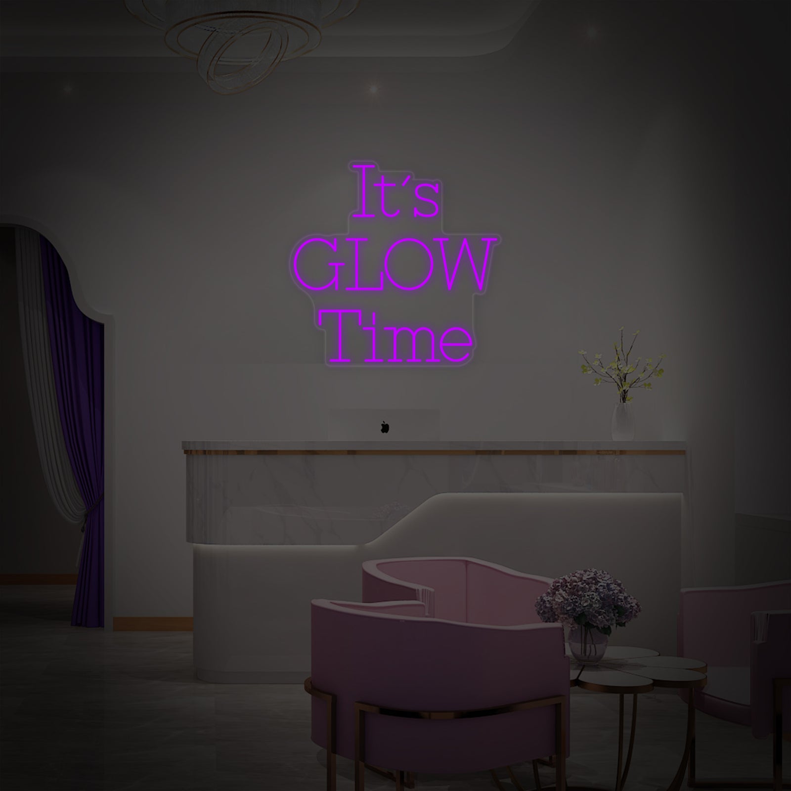 A clean graphic mockup of the 'Its Glow Time' neon sign with its clear backing outline, displayed against a polished background.