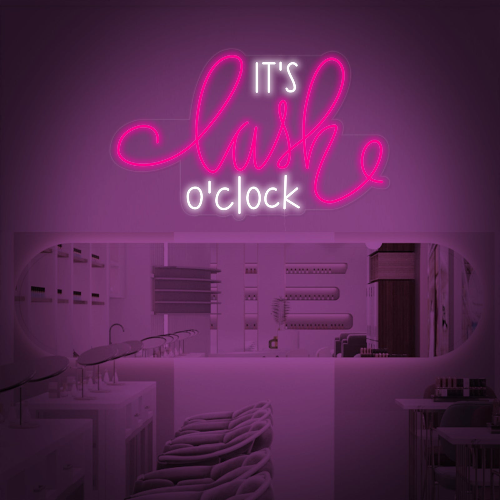 A graphic design mockup of the 'Its Lashes Oclock' neon sign, showing the playful text glowing in pink lines against a background of a modern lash salon interior with a styling chair and wall decorations.