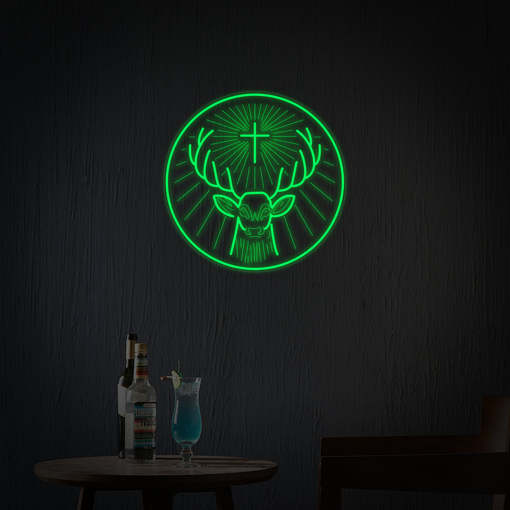 A graphical representation of the Jägermeister German Digestif neon sign design on a dark background.