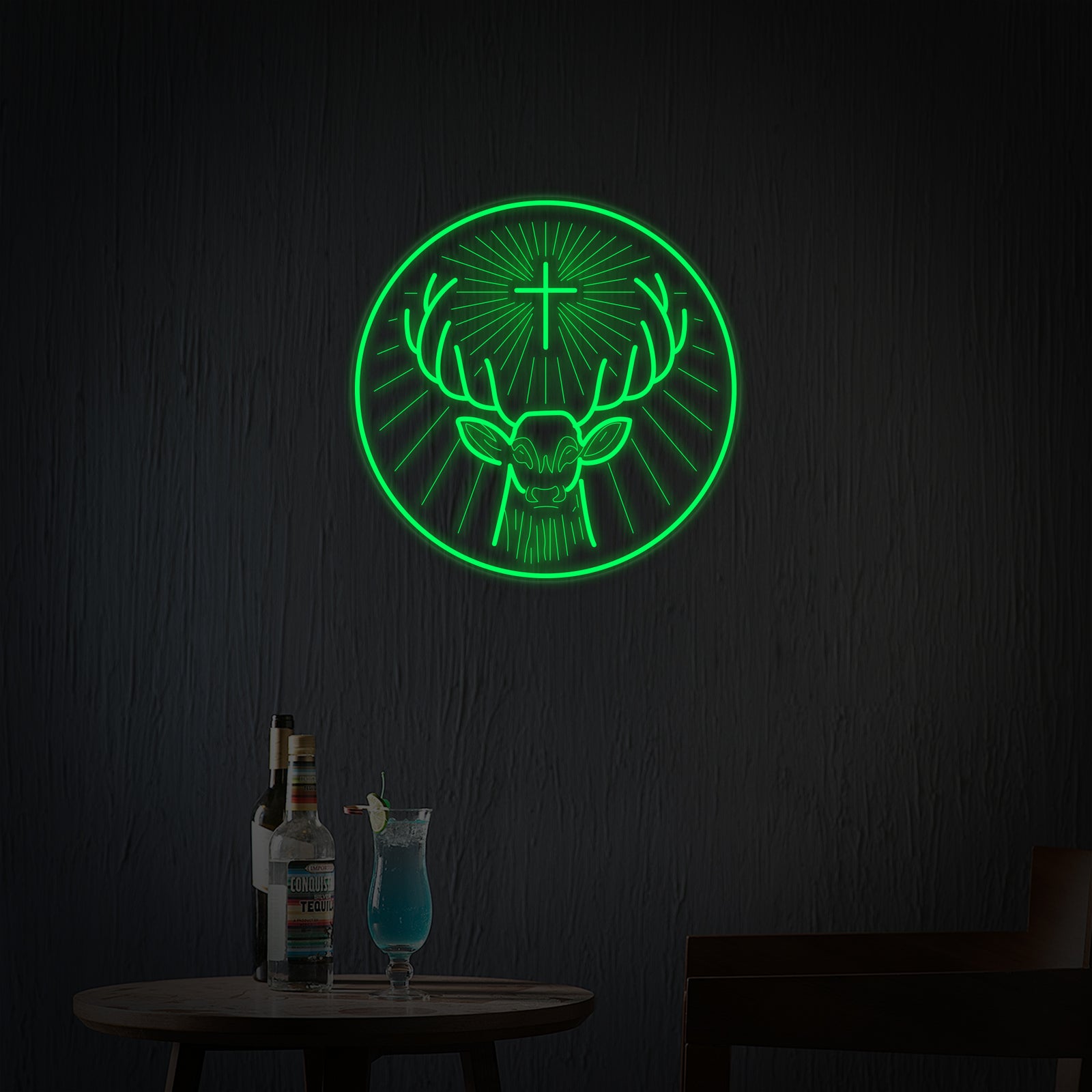 A graphical representation of the Jägermeister German Digestif neon sign design on a dark background.