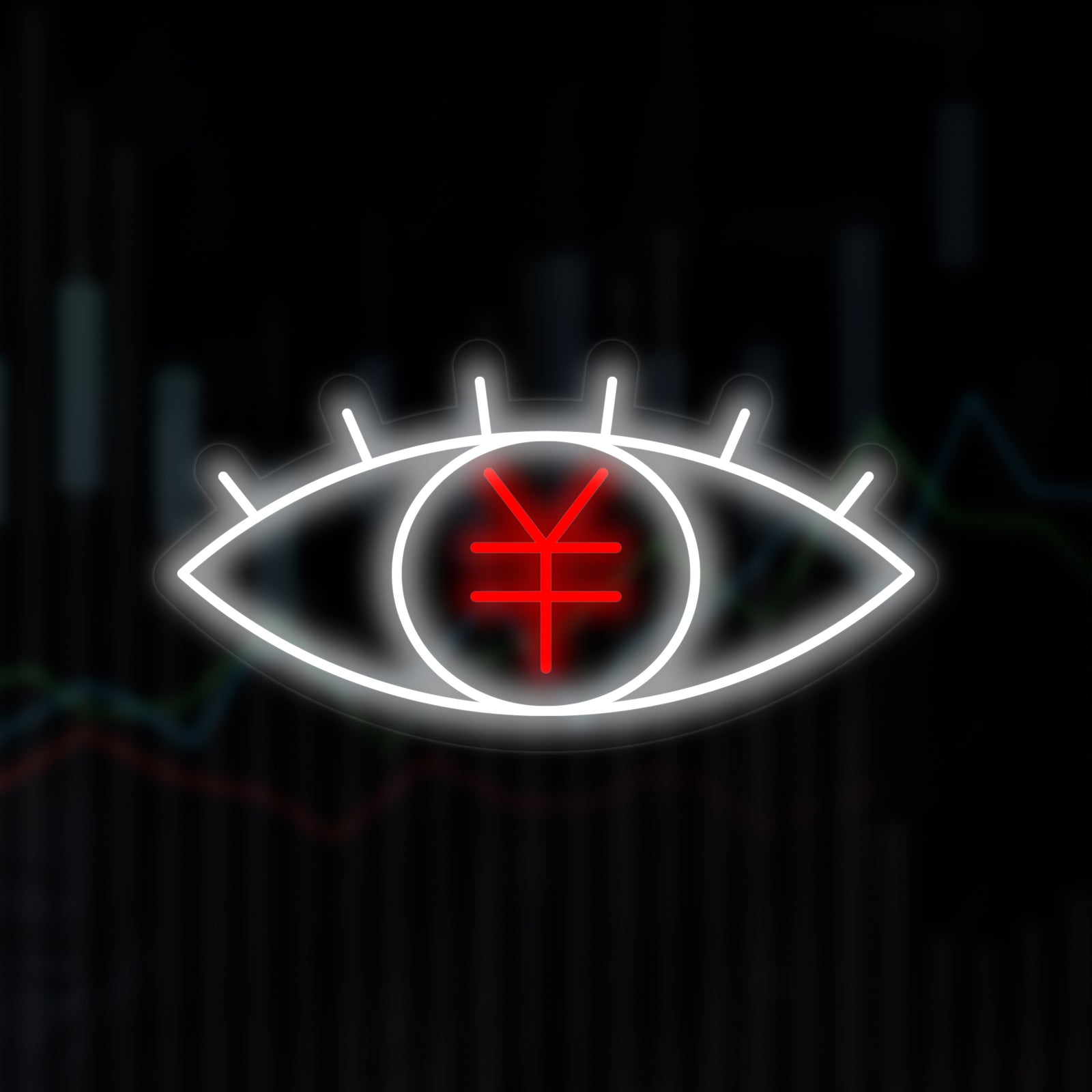 A flat graphic illustration of a glowing yellow Japanese Yen symbol and an eye design set against a dark, blurred background featuring financial stock charts.