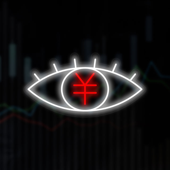 A flat graphic illustration of a glowing yellow Japanese Yen symbol and an eye design set against a dark, blurred background featuring financial stock charts.