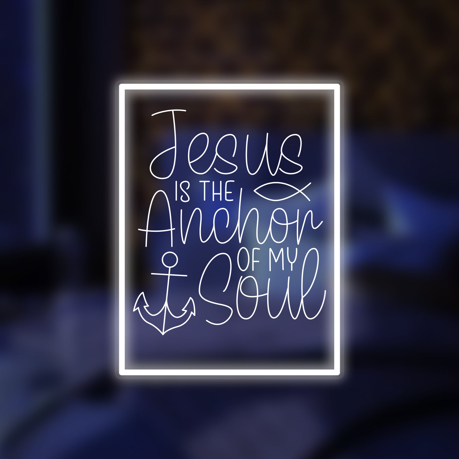 Glowing red 'Jesus Is The Anchor To My Soul' mini neon wall decor lit up on a blurred background.
