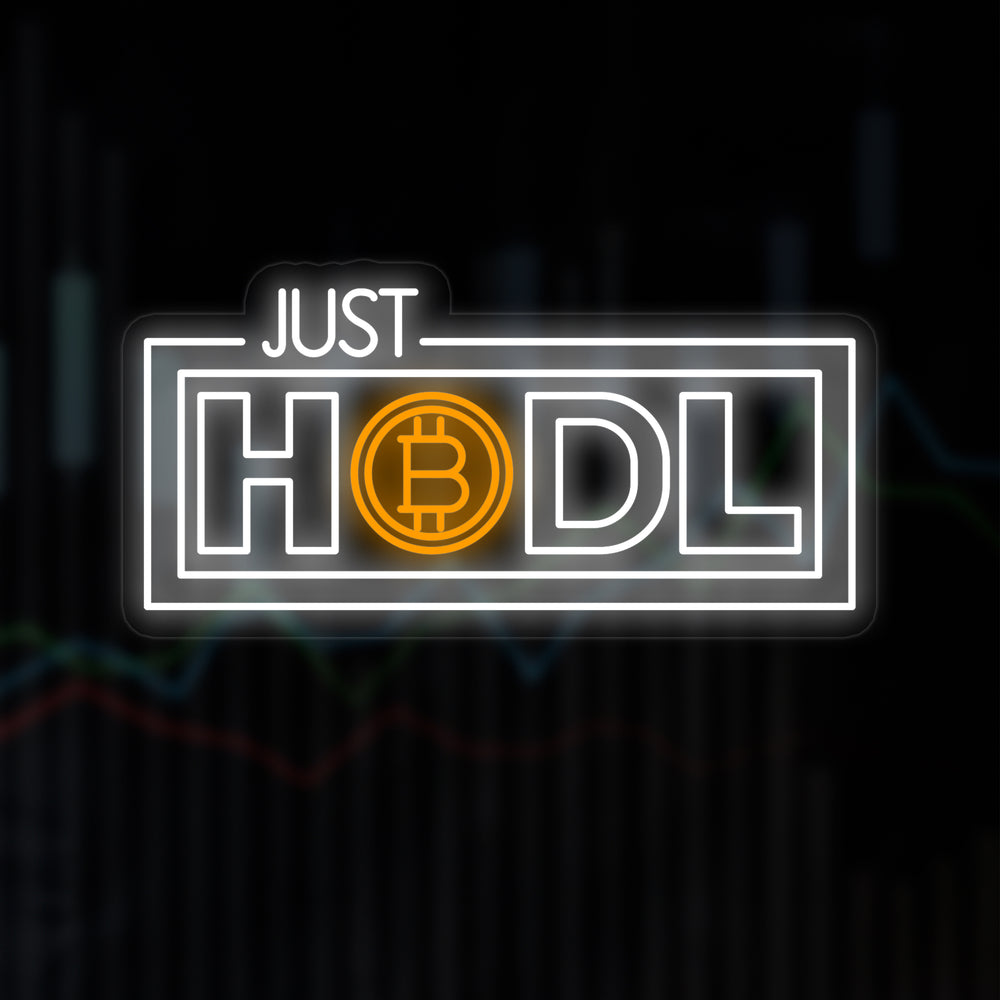 A clean graphic representation of the 'Just Hodl Crypto' neon sign design with a soft glow effect.