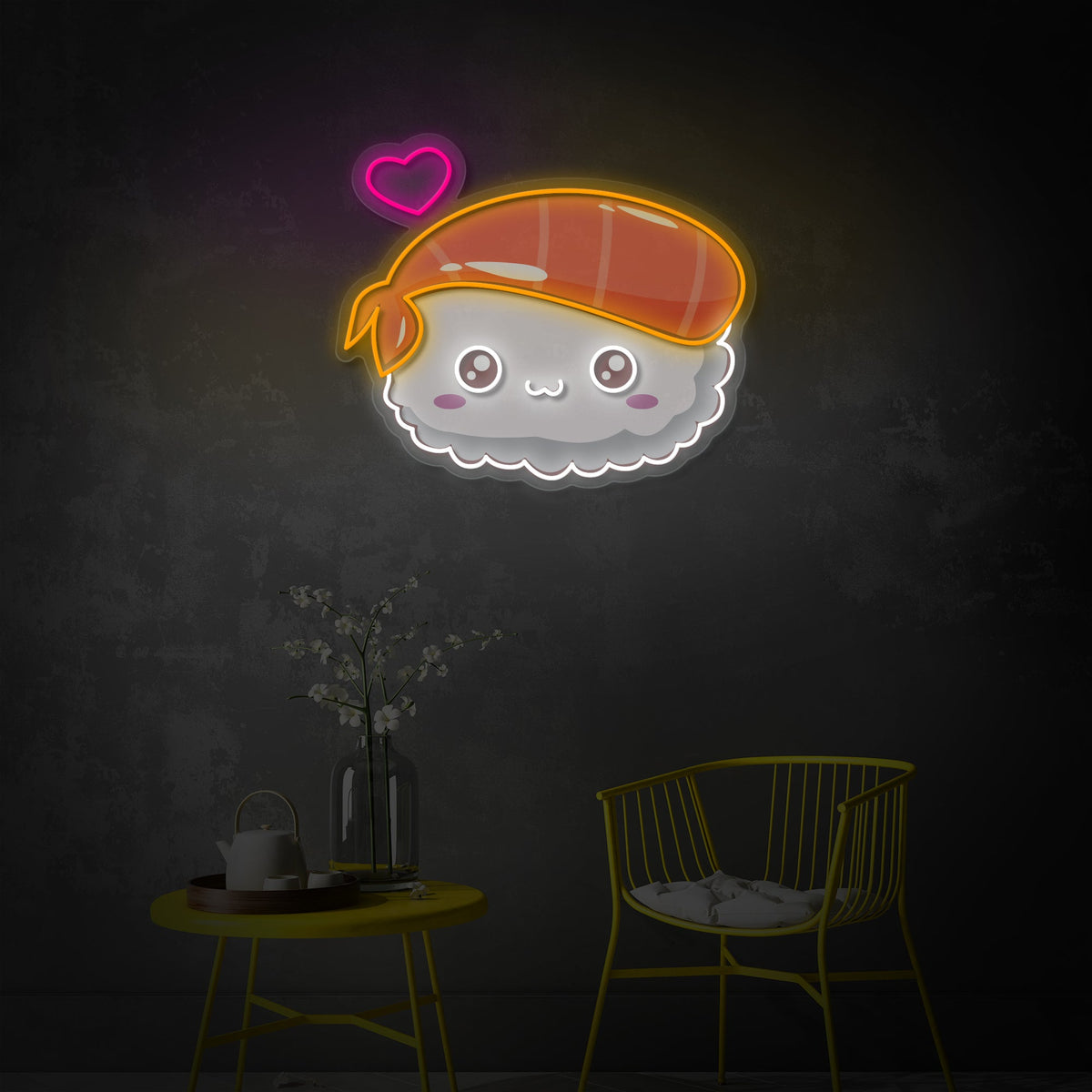 Cute Japanese food neon sign showing a smiling sushi illustration over text in a brightly lit modern interior.