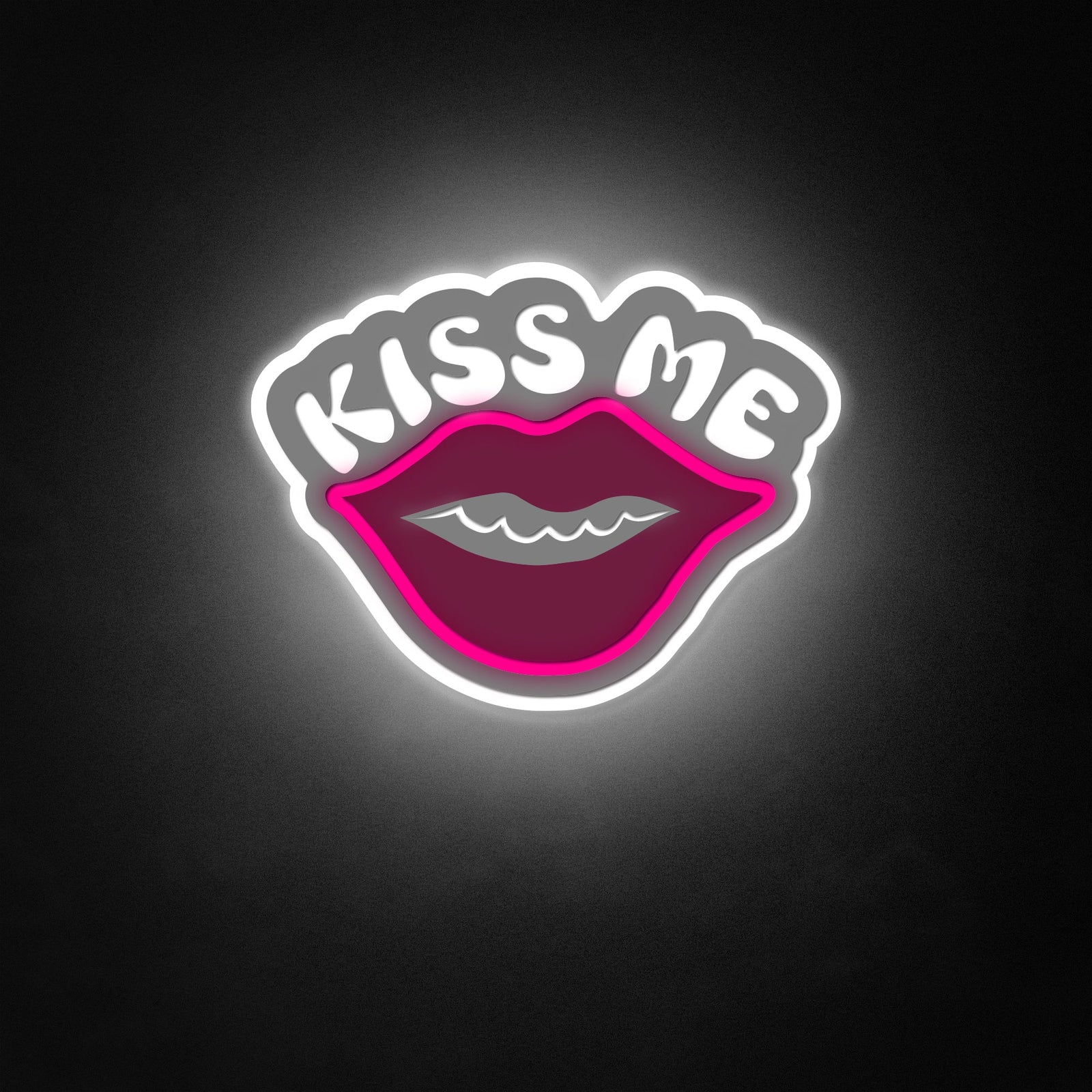 Kiss Me neon sign glowing pink on clear acrylic backing against a dark wall