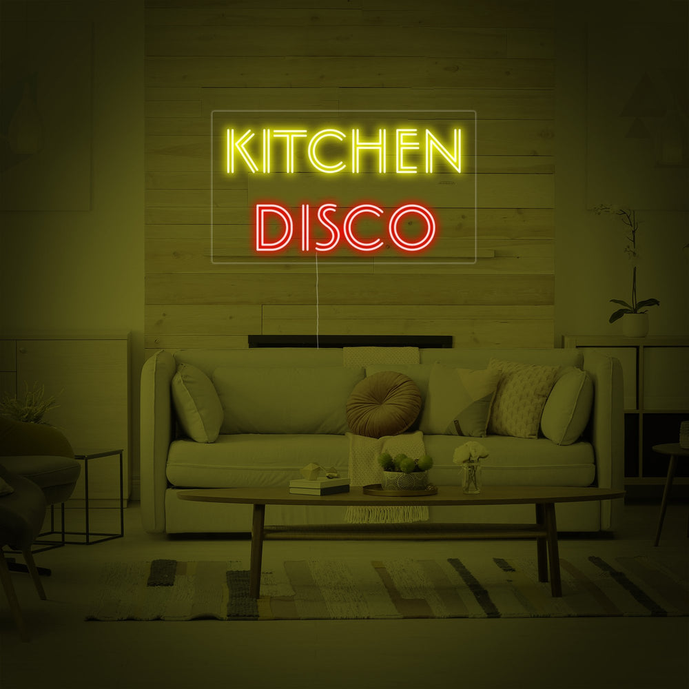 Close-up of the "Kitchen Disco" neon sign showing the design and glow details.