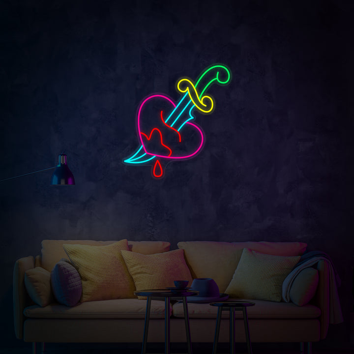 The official design template for the "Knife in Heart Broken Love" neon sign, featuring clear red lines forming a stylized heart pierced by a dagger, indicating the exact shape and layout of the light.