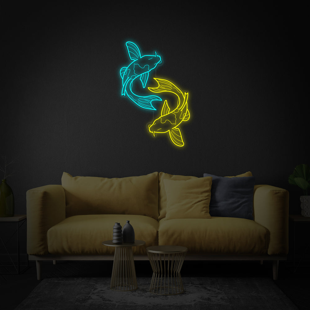 Digital illustration rendering of a glowing orange and blue koi fish neon sign.