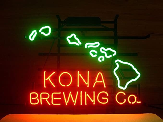 Detailed close-up of the Kona Brewing Co Beer neon sign showing the blue and yellow glass tubes and mounting frame.
