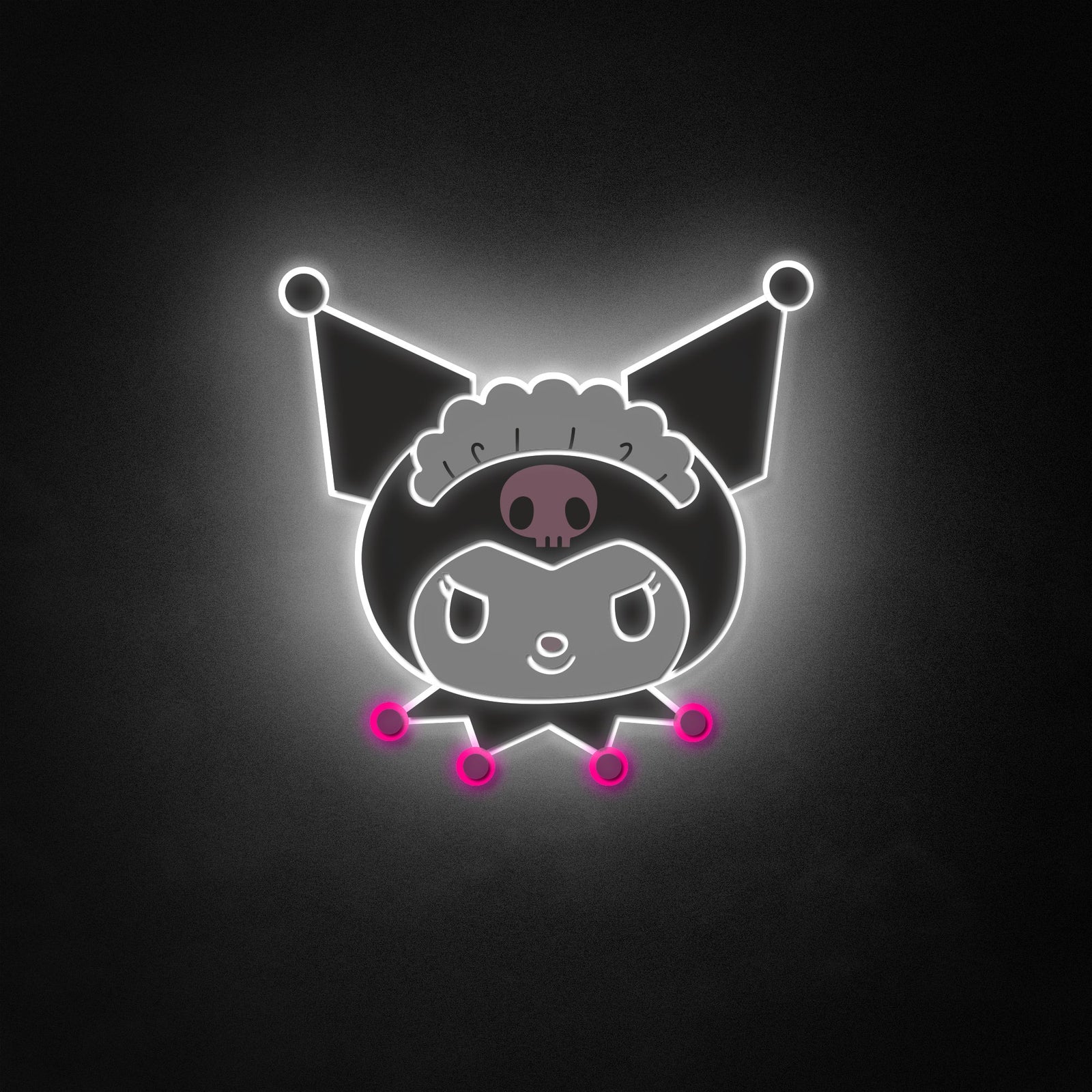 Graphic illustration of the glowing Kuro Cat cartoon character neon like sign design on a textured background.