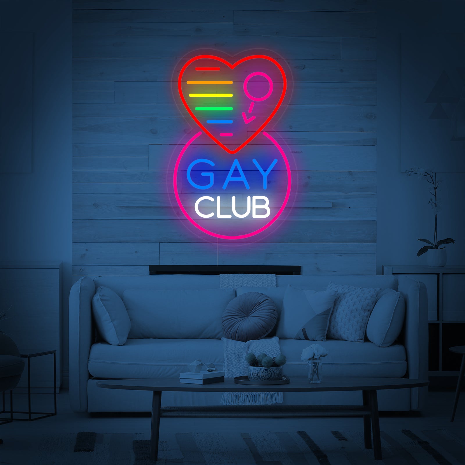 Close-up detailed view of the 'LGBT Gay Club' multi-color neon tubing design mounted on clear acrylic.
