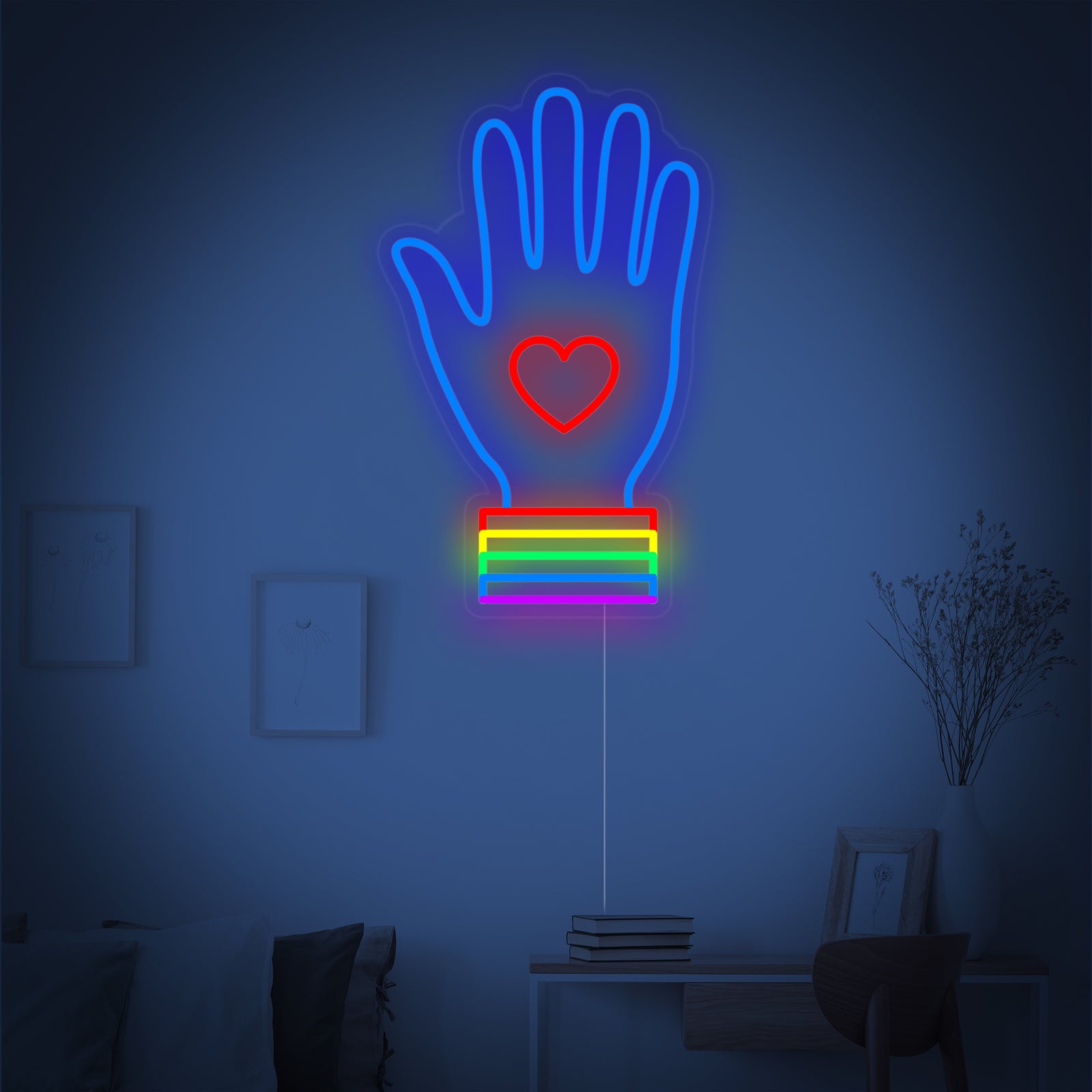 Close-up detail of the LGBT hand neon design, featuring the distinct pride colors.