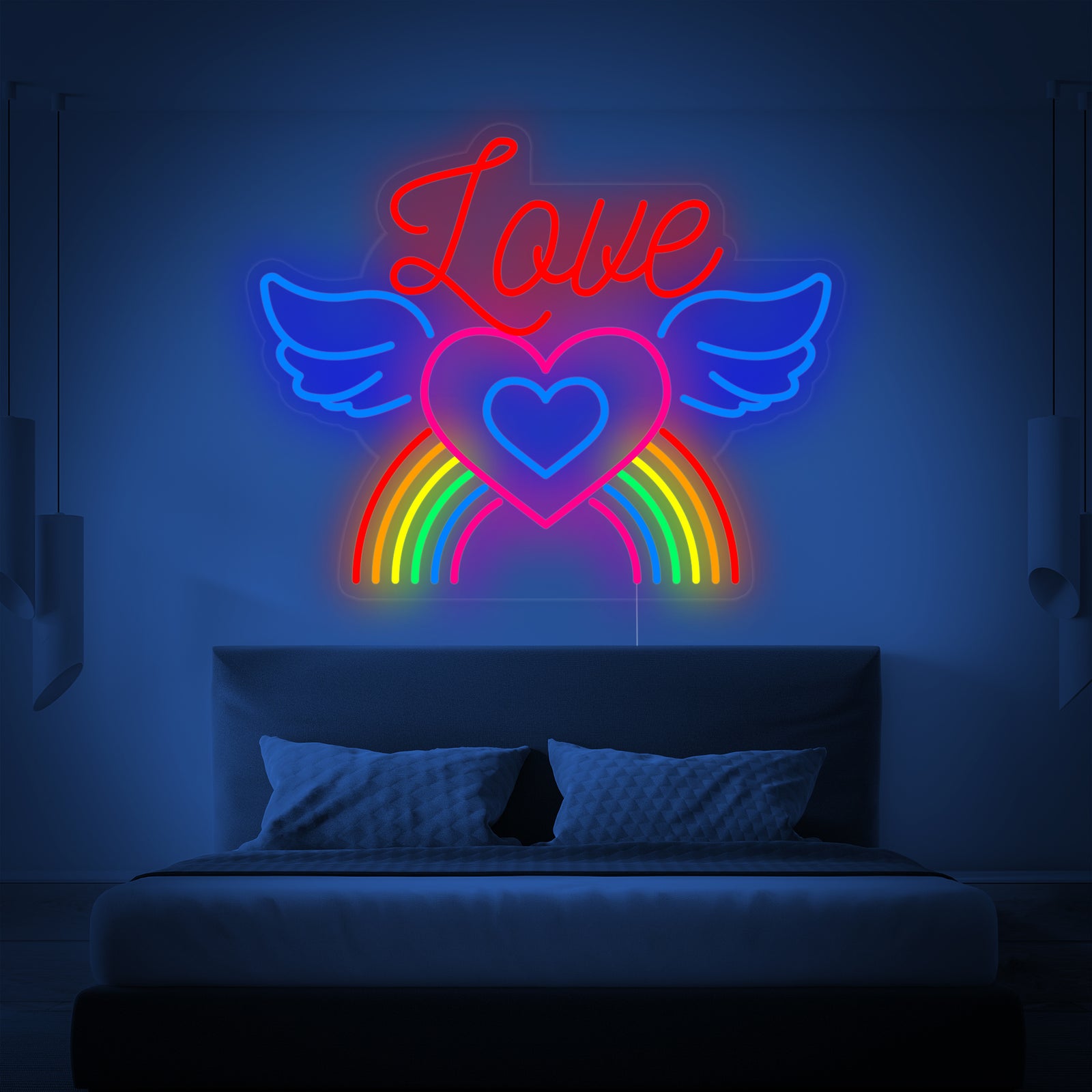 A clean graphic representation of the glowing 'LGBT Love Rainbow Wings' neon sign with its dimensional tubes and acrylic backing against a blurred background.