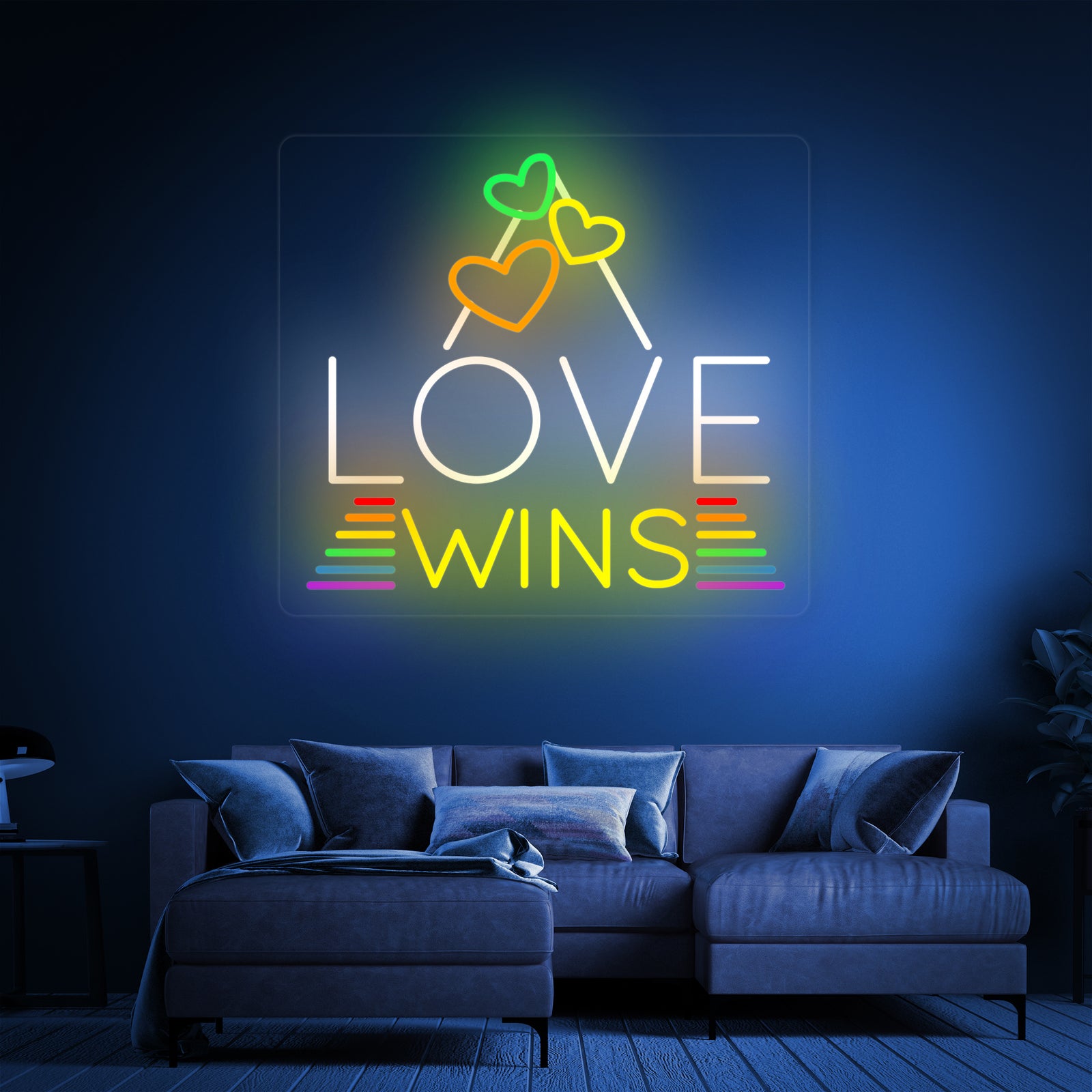 The design of the 'Love Wins' neon sign with rainbow text and hearts, mounted on a clear acrylic backing.