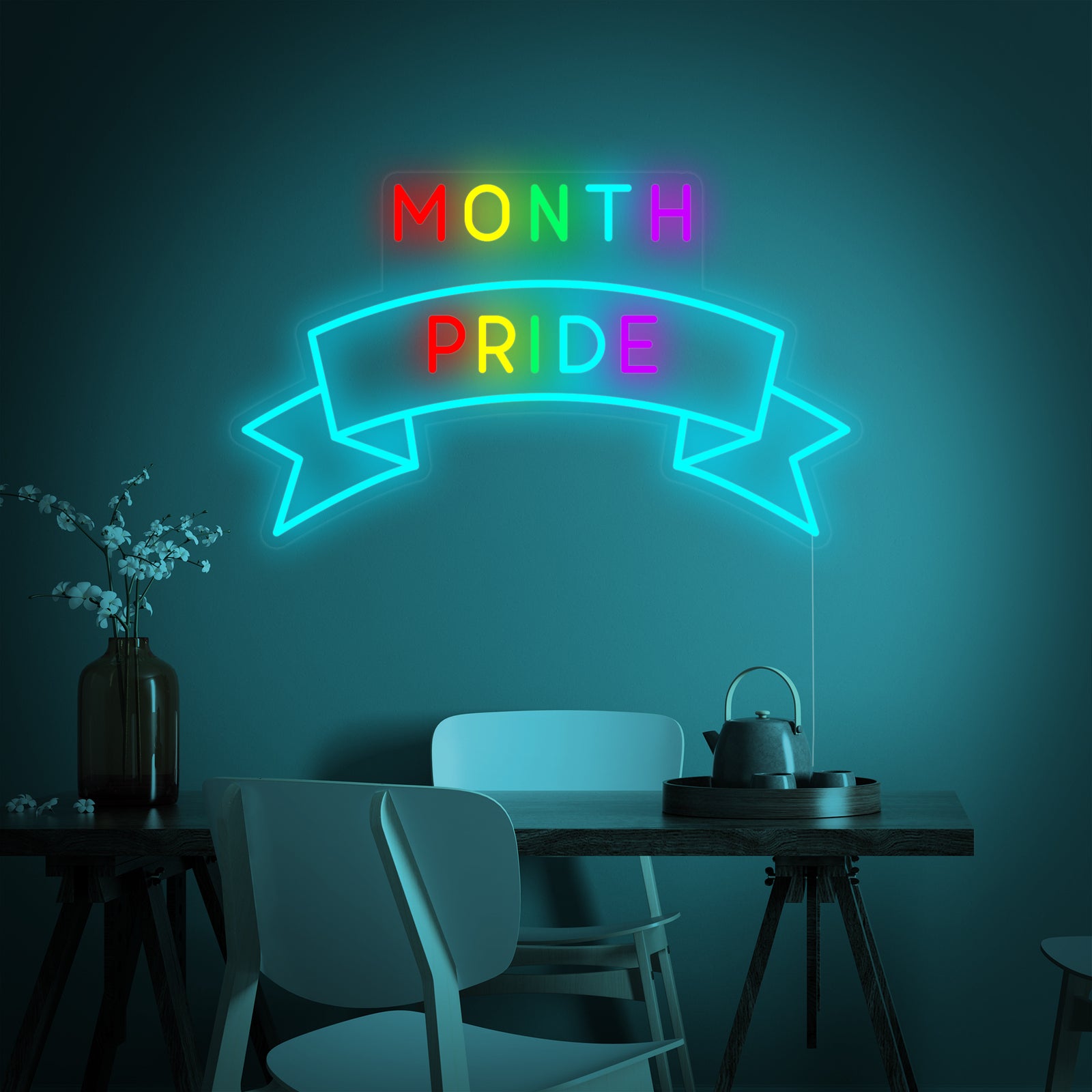 A brightly lit neon sign that reads 'LGBT MONTH PRIDE' with a glowing fist and heart design against a simple background.