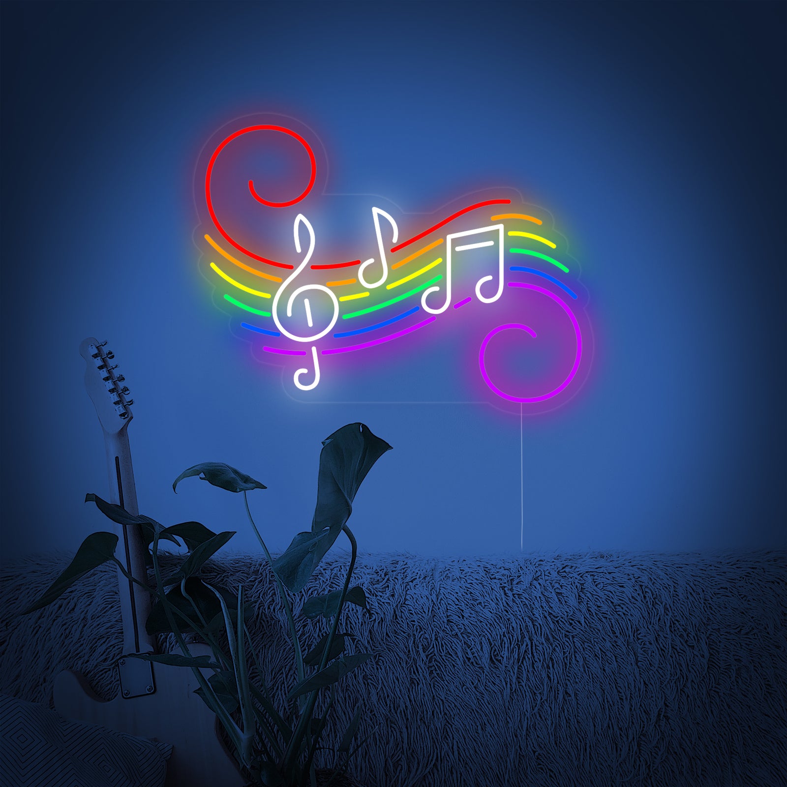 Detail view of the LGBT Music Notes Rainbow neon sign design with a guitar.