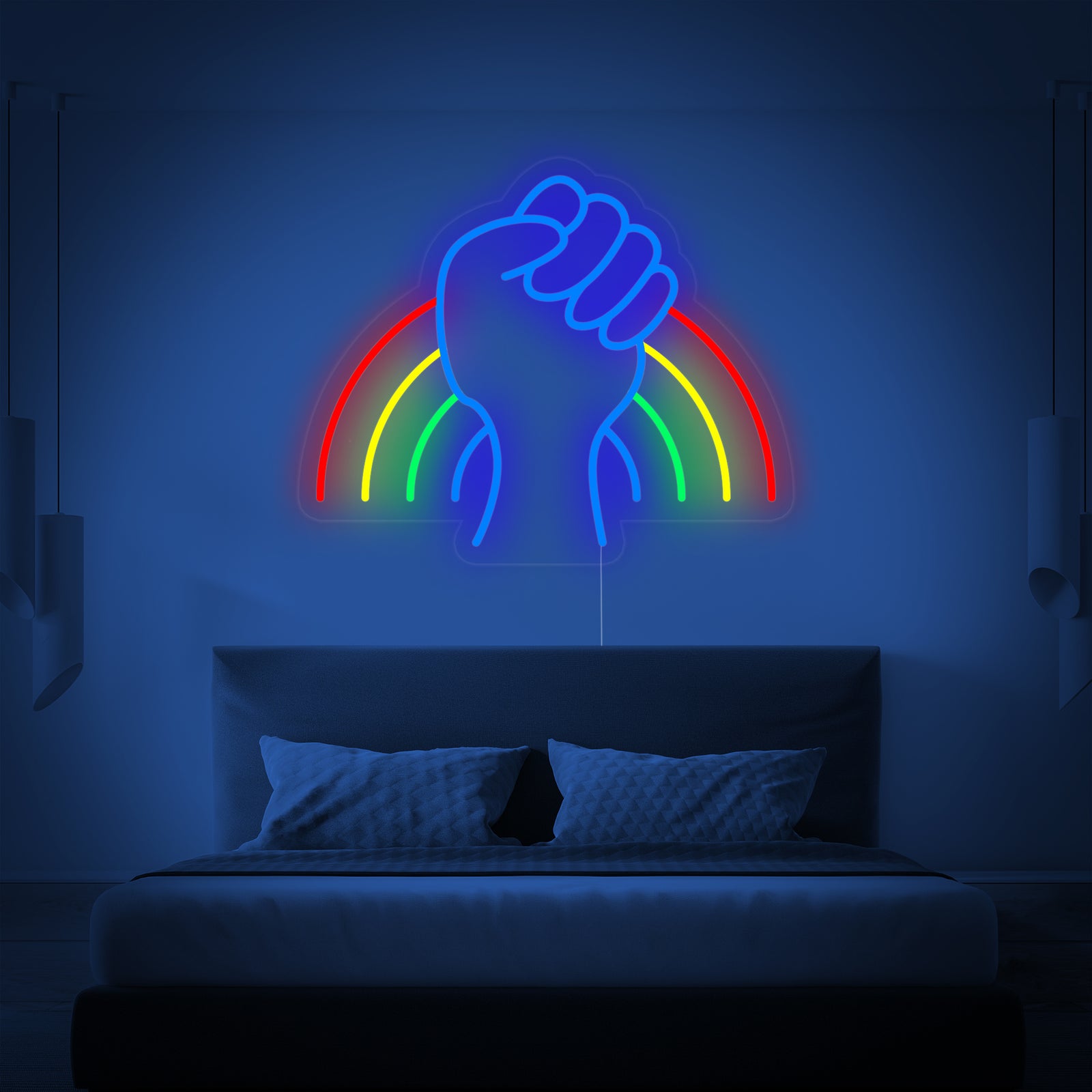 A close-up view of the 'LGBT Power Rainbow' neon sign mounted on clear acrylic backing, showing the intricate tube details and bright, multi-colored glow.