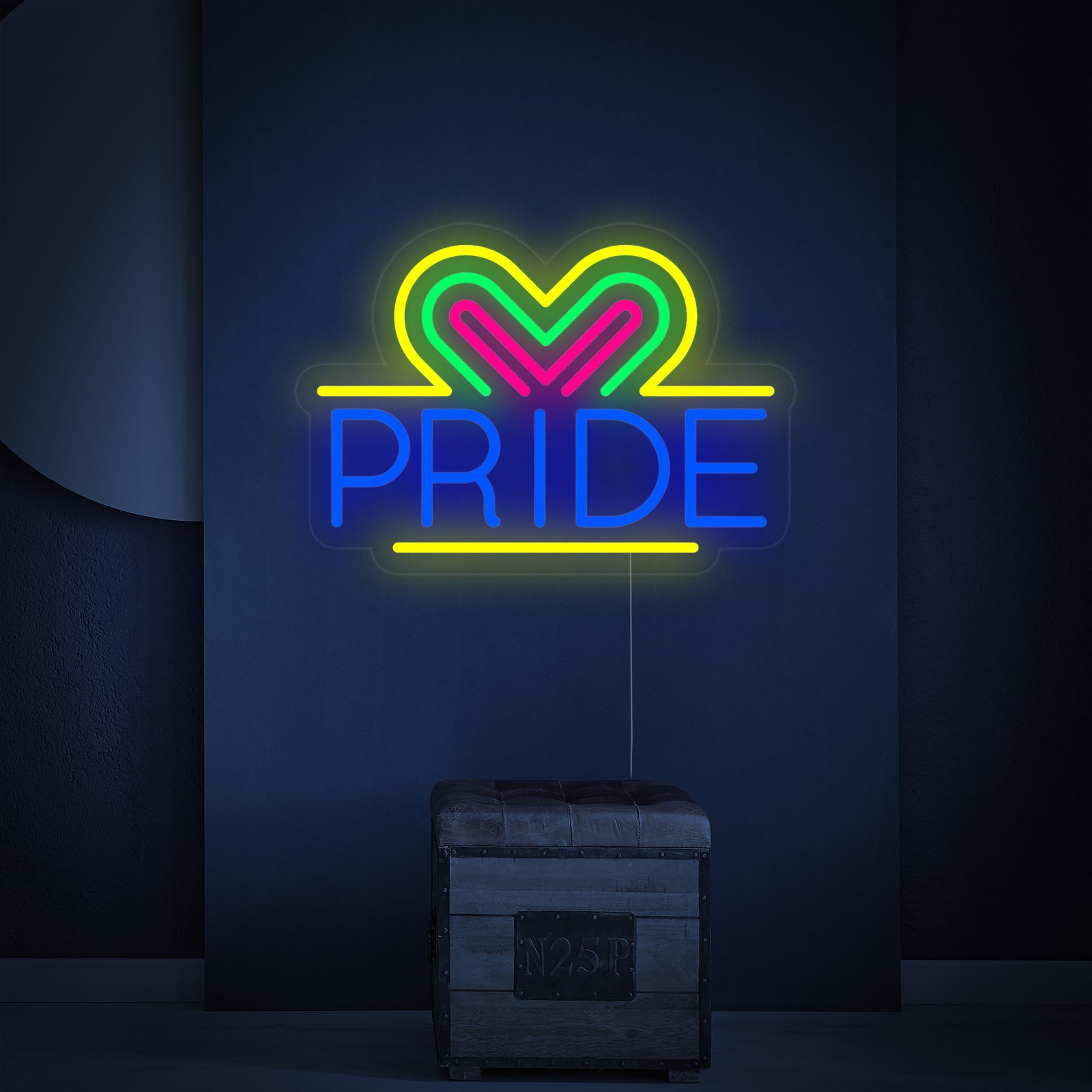 A clear product shot of the LGBT Pride Heart Neon Sign, unlit, showing its structure and acrylic backing.