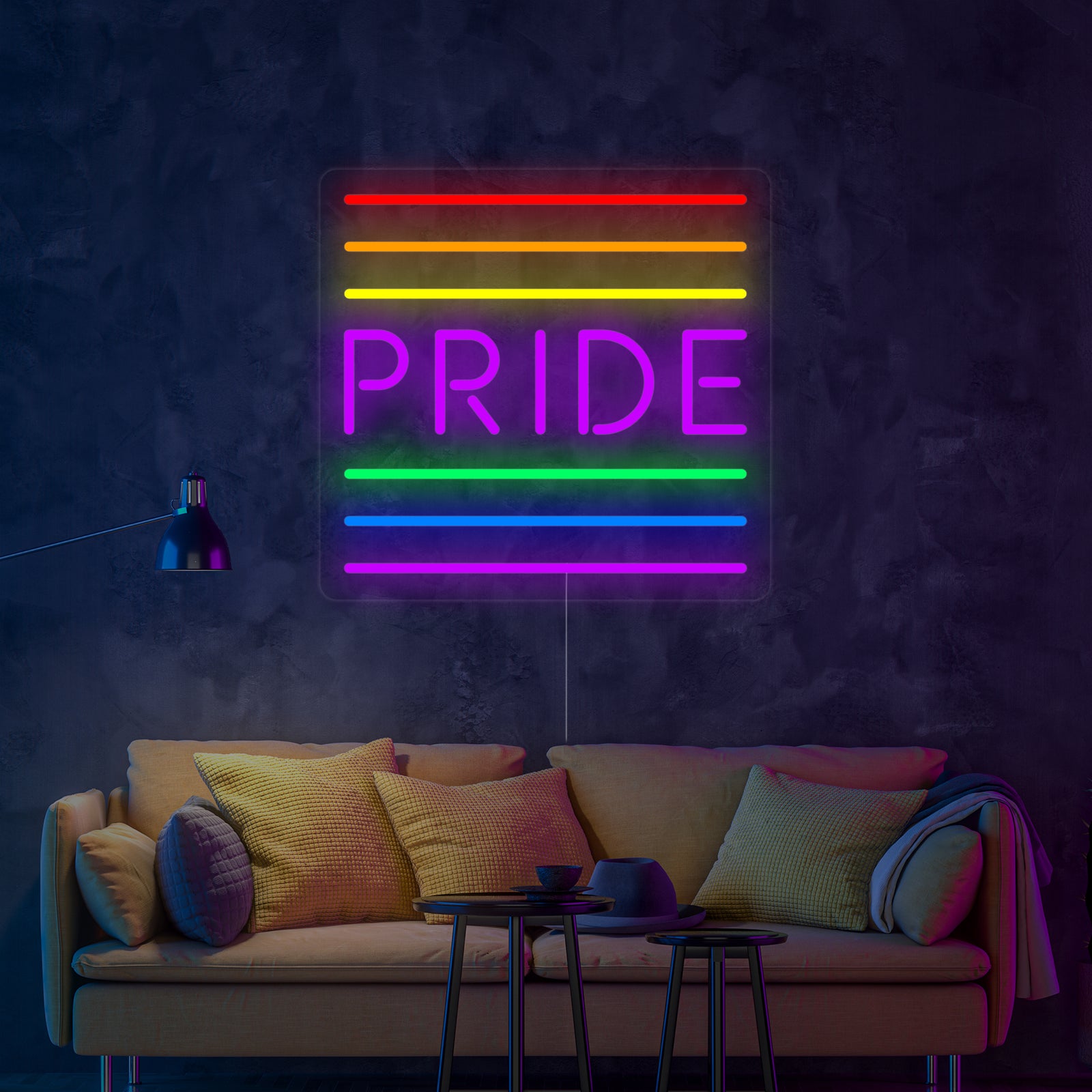 A clean digital render of the 'LGBT Pride Rainbow Flag' neon sign, showing the multi-colored bands attached to a clear acrylic backing, with saturated light reflecting beneath.