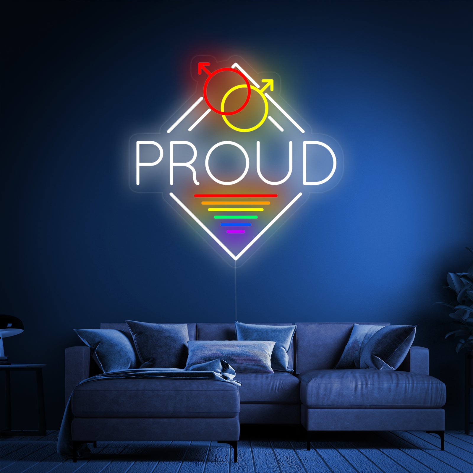 The 'LGBT Proud' neon sign is displayed against a clean, plain background.