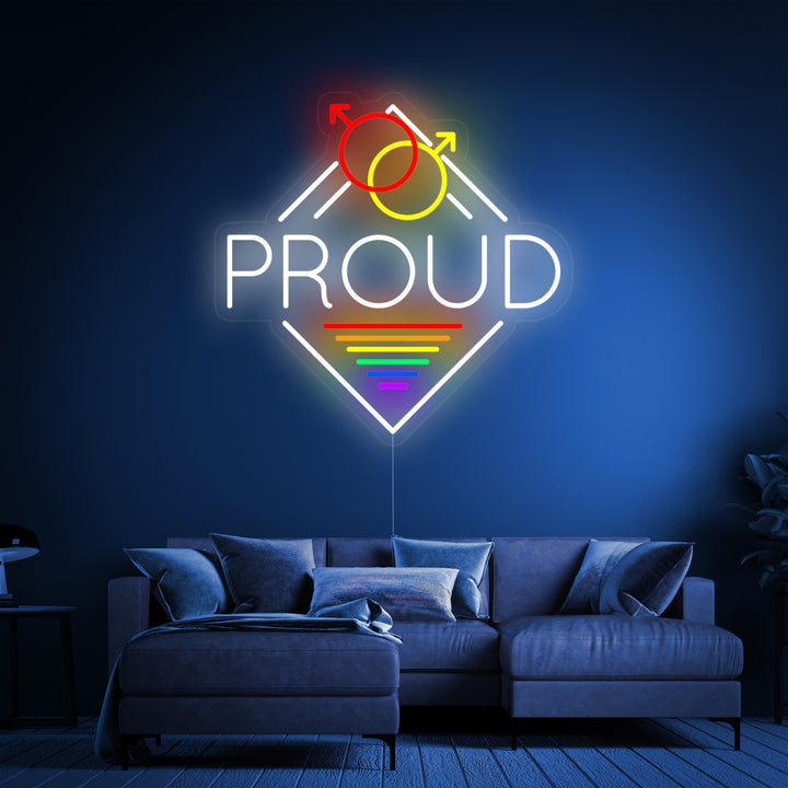 The 'LGBT Proud' neon sign is displayed against a clean, plain background.