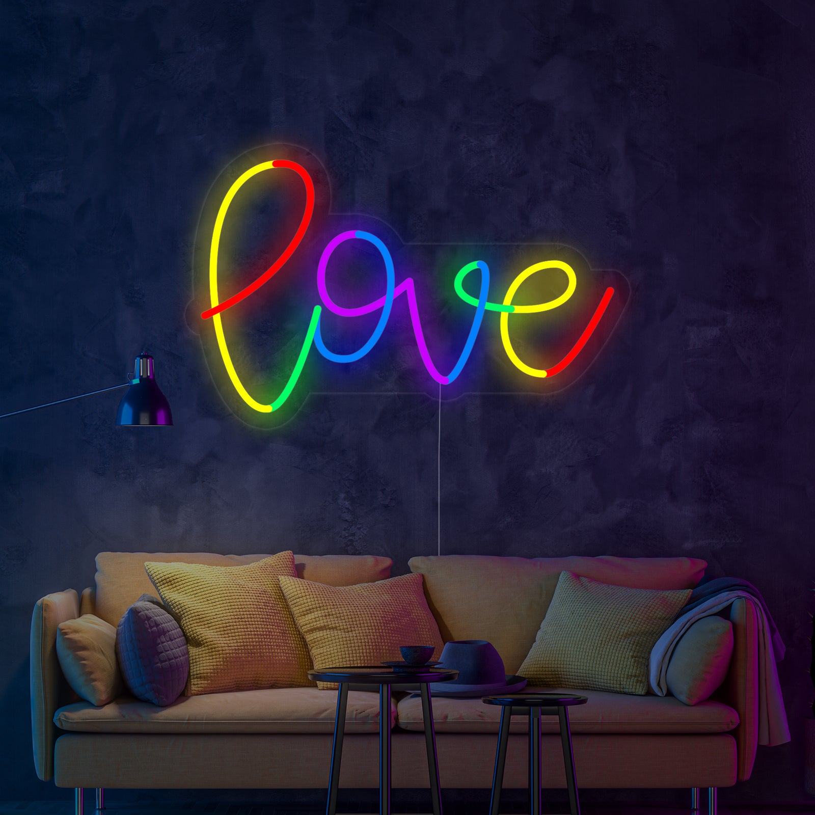 A detailed product shot of the 'LGBT Rainbow Love' neon sign showcasing its multi-colored tubing and clear acrylic backing.