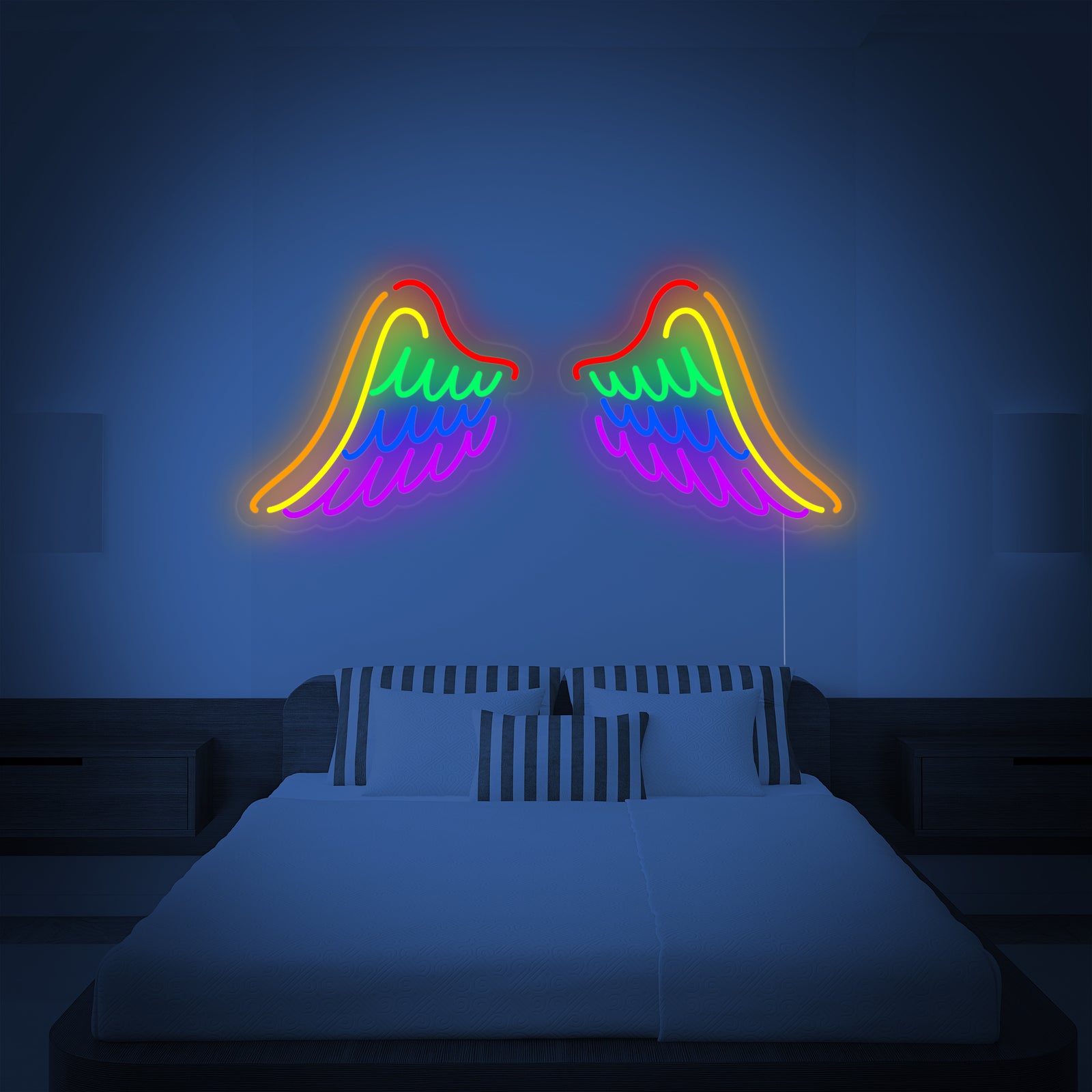 Detailed rendering of the LGBT Rainbow Wings neon sign design, showing the colorful tubes and clear acrylic backing, suitable for product specifications.