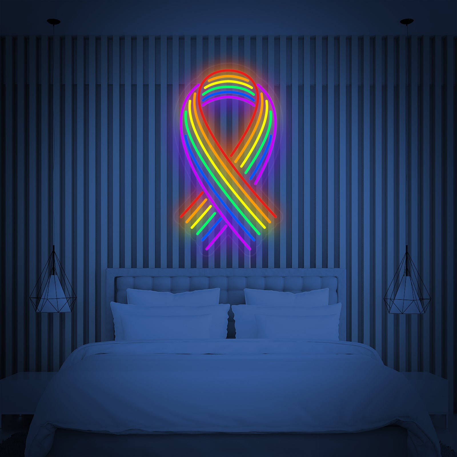 A lit 'LGBT Ribbon Rainbow' neon sign mounted on a bedroom wall above a bed, illuminating the surrounding space.